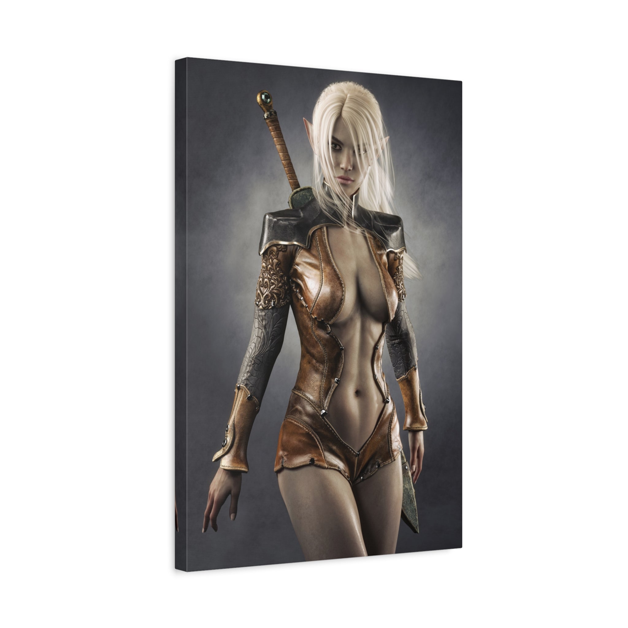 Lienzo decorativo Elfa Guerrera de Fantasía — Luchadora con Espada Sexy Impresión Artística Mate Estirada - No IA - Ilustraciones creadas por humanos