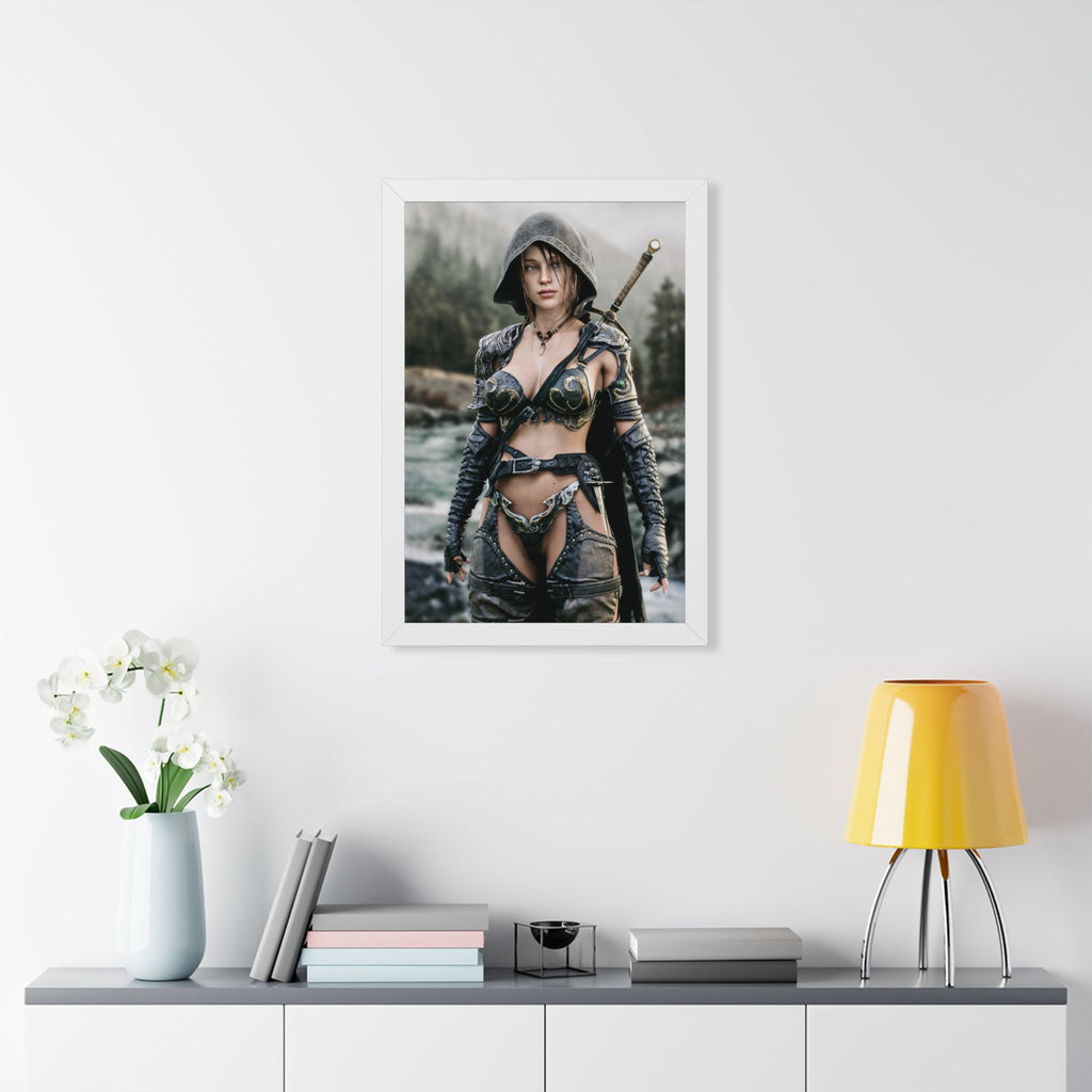 Framed Poster - Fantasy Female Ranger Warrior Art (Vertical) - No AI- Human created illustration art
