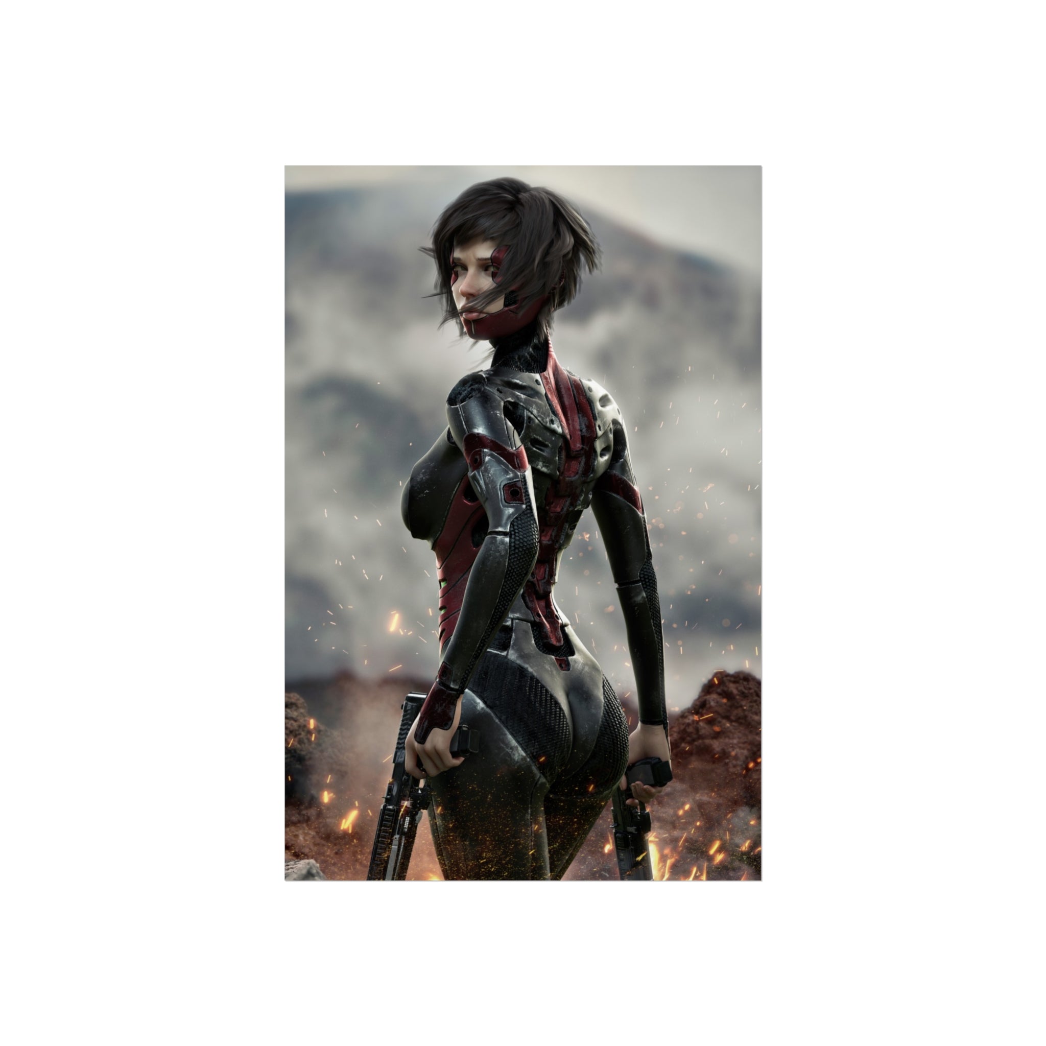 Sci-fi wall art featuring a cybernetic female assassin in advanced armor, dual pistols in hand, standing amid sparks and a futuristic battlefield.