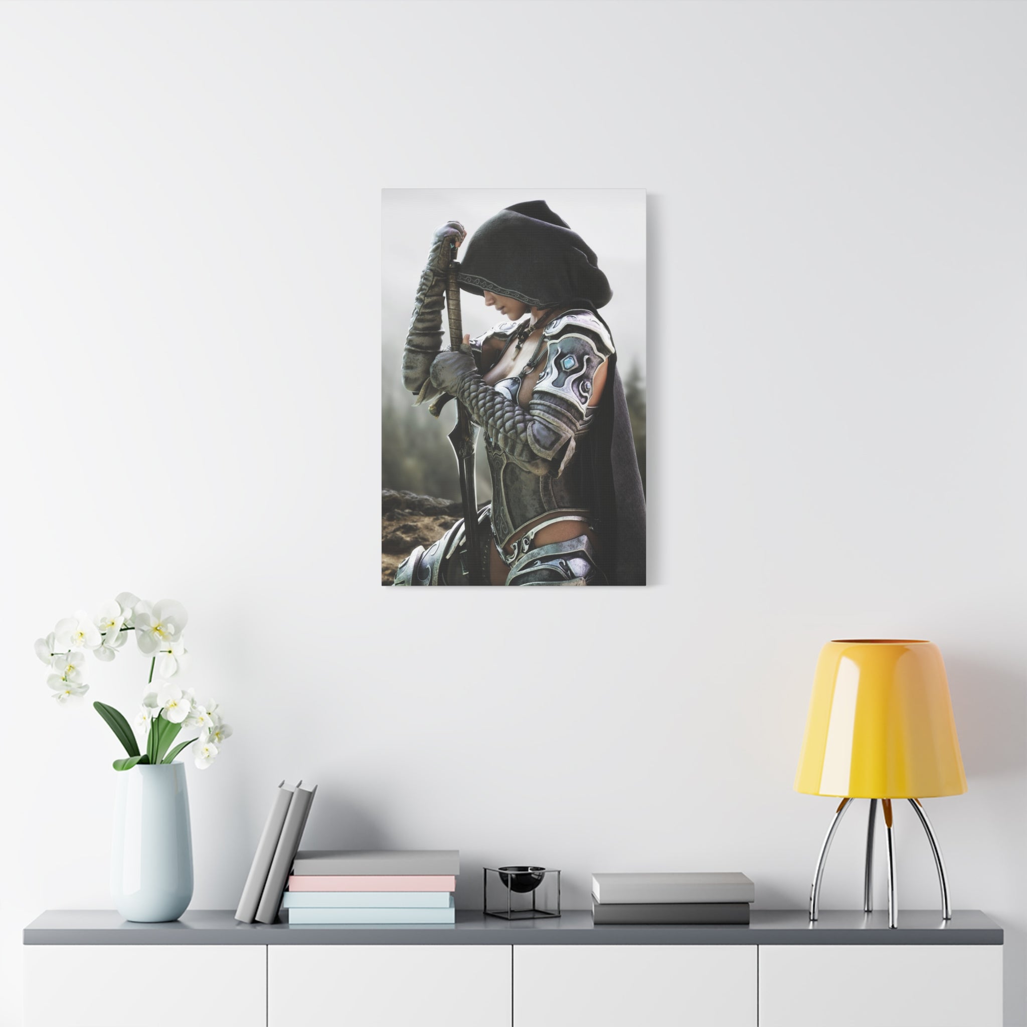Fantasy Warrior Canvas Print — Hooded Female Knight Matte Stretched Wall Art- No AI- Human created fantasy art