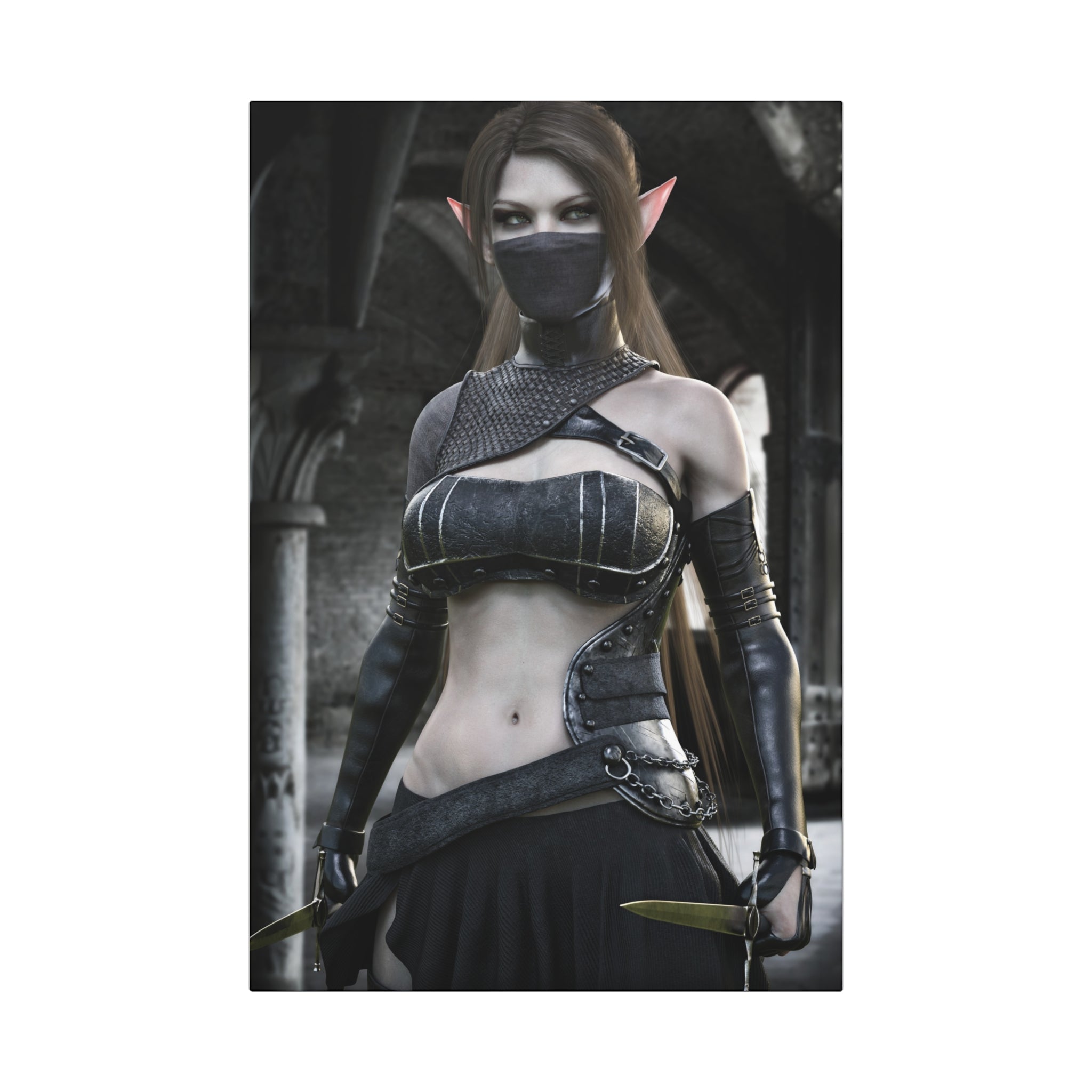 Rogue Elf Warrior Canvas Art Wrap — Fantasy Female Assassin Wall Art- No AI - Human made illustration