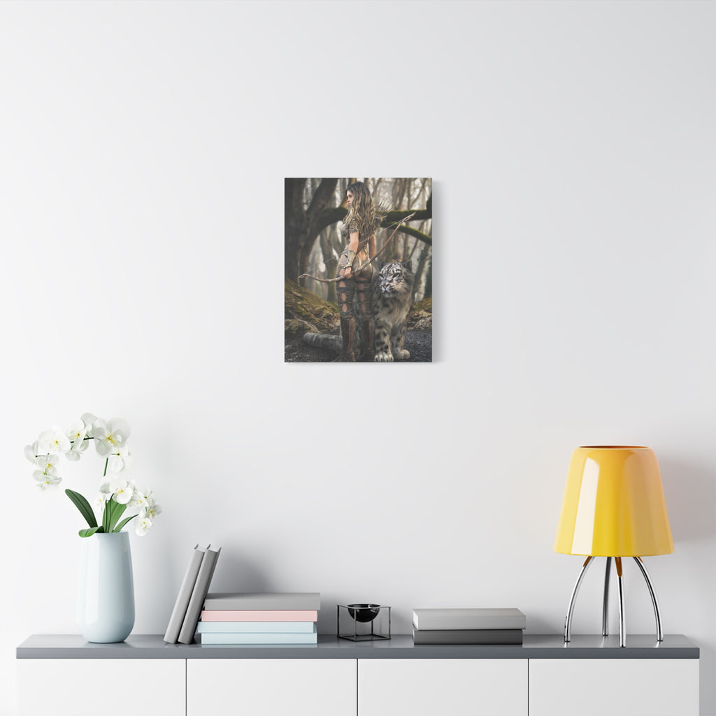 Fantasy Archer Warrior with  Leopard - Matte Stretched Canvas Wall Art - No ai - human created illustration art