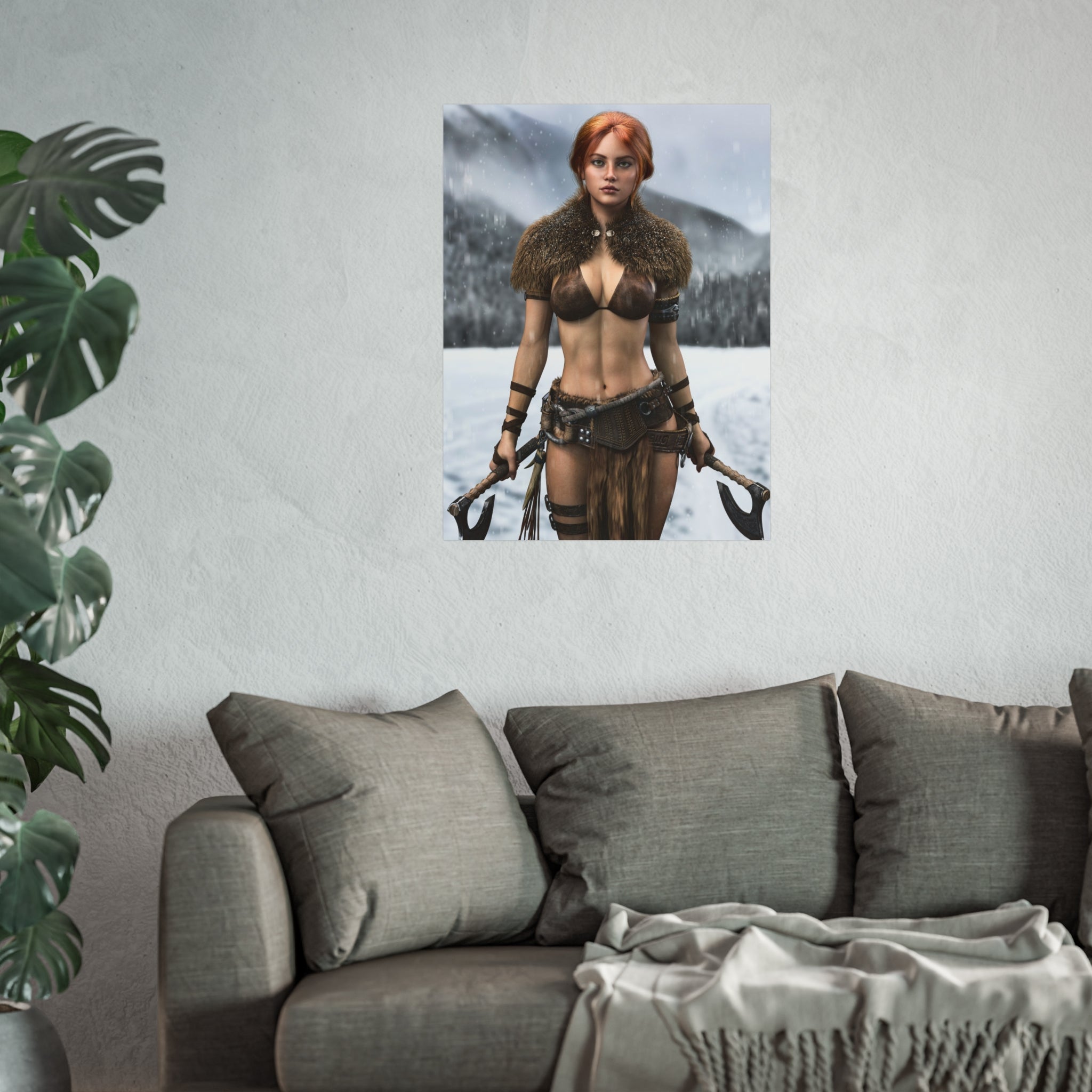 Viking Warrior Woman Fine Art Poster — Red-Haired Norse Axe Fighter Print