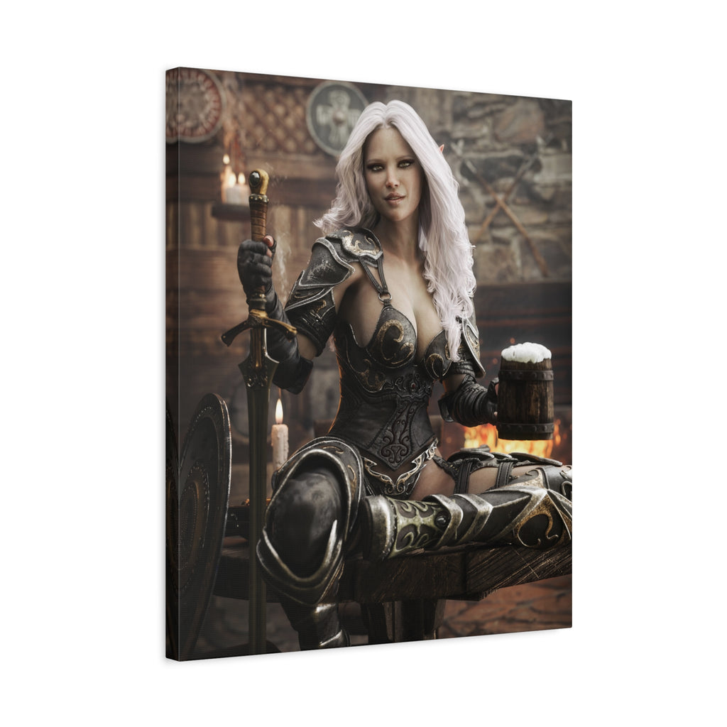 Fantasy Warrior Woman Canvas Print — Armored Dark elf in Tavern Portrait-No AI- Human created illustration art