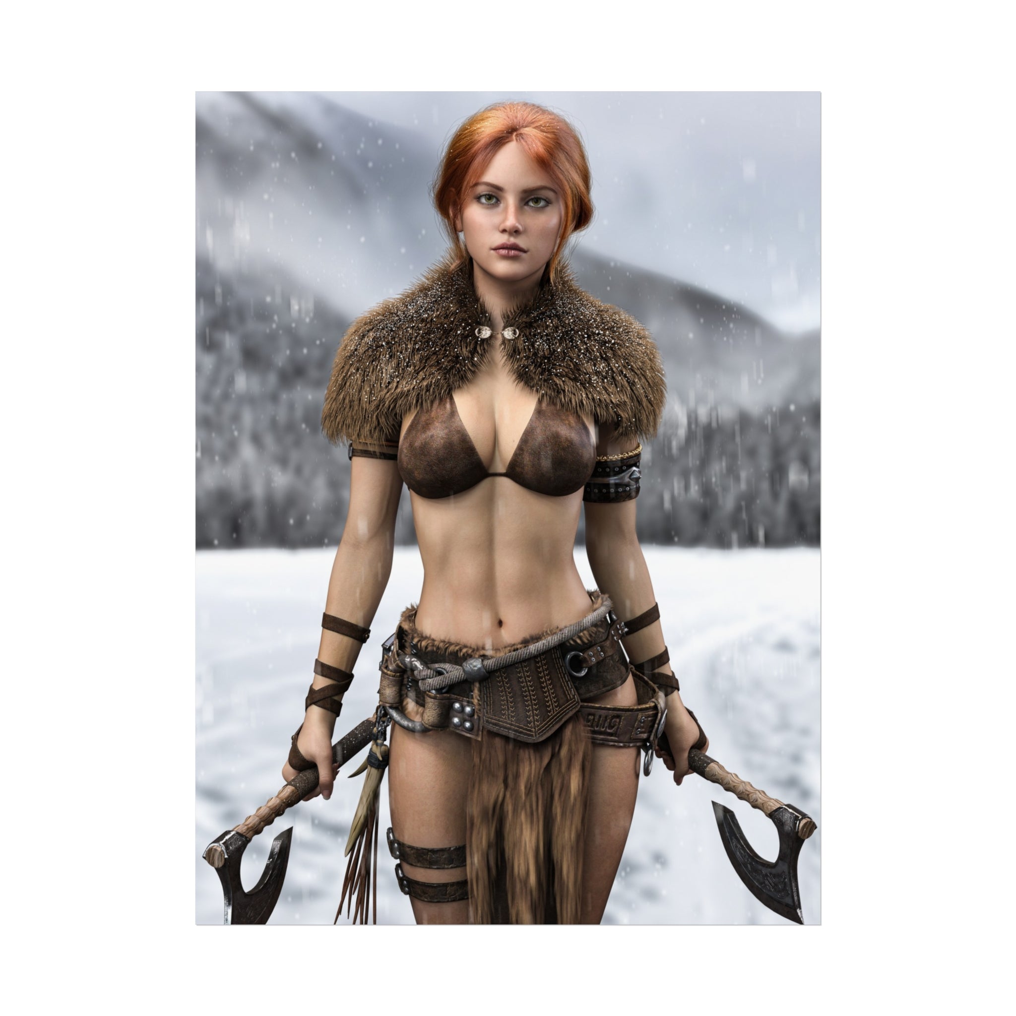 Viking Warrior Woman Fine Art Poster — Red-Haired Norse Axe Fighter Print