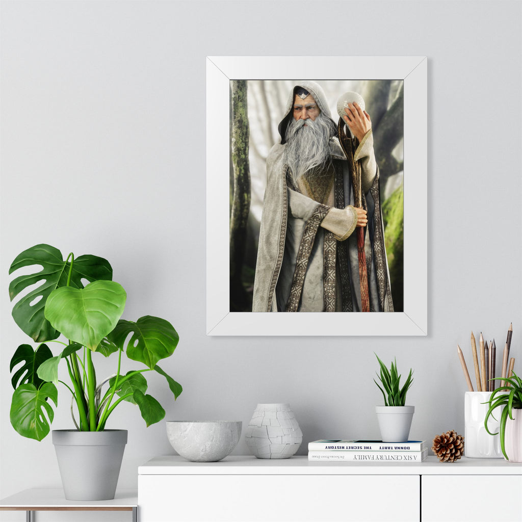 Framed Poster — Wise Wizard with Staff Fantasy Art- No ai - Human created illustration art