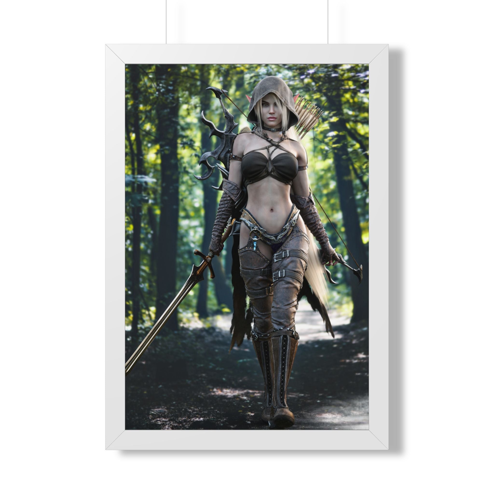 Framed Poster — Fantasy Forest Female Warrior Art Print- No AI- Human created illustration art