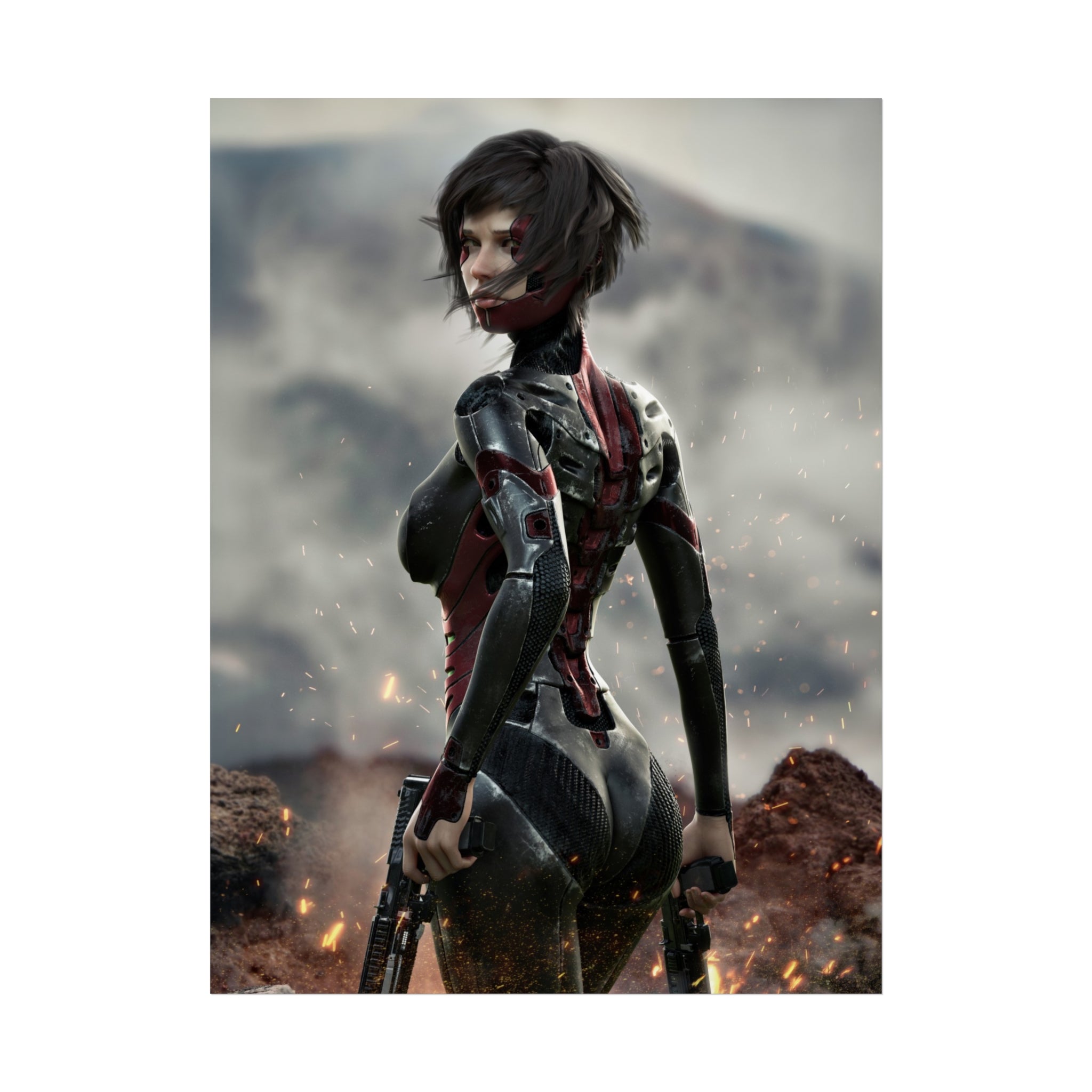 Póster de arte fino de guerrera de ciencia ficción — Arte de pared de soldado cibernética femenina - Sin IA - Arte ilustrativo creado por humanos