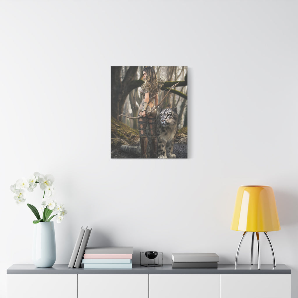 Fantasy Archer Warrior with  Leopard - Matte Stretched Canvas Wall Art - No ai - human created illustration art