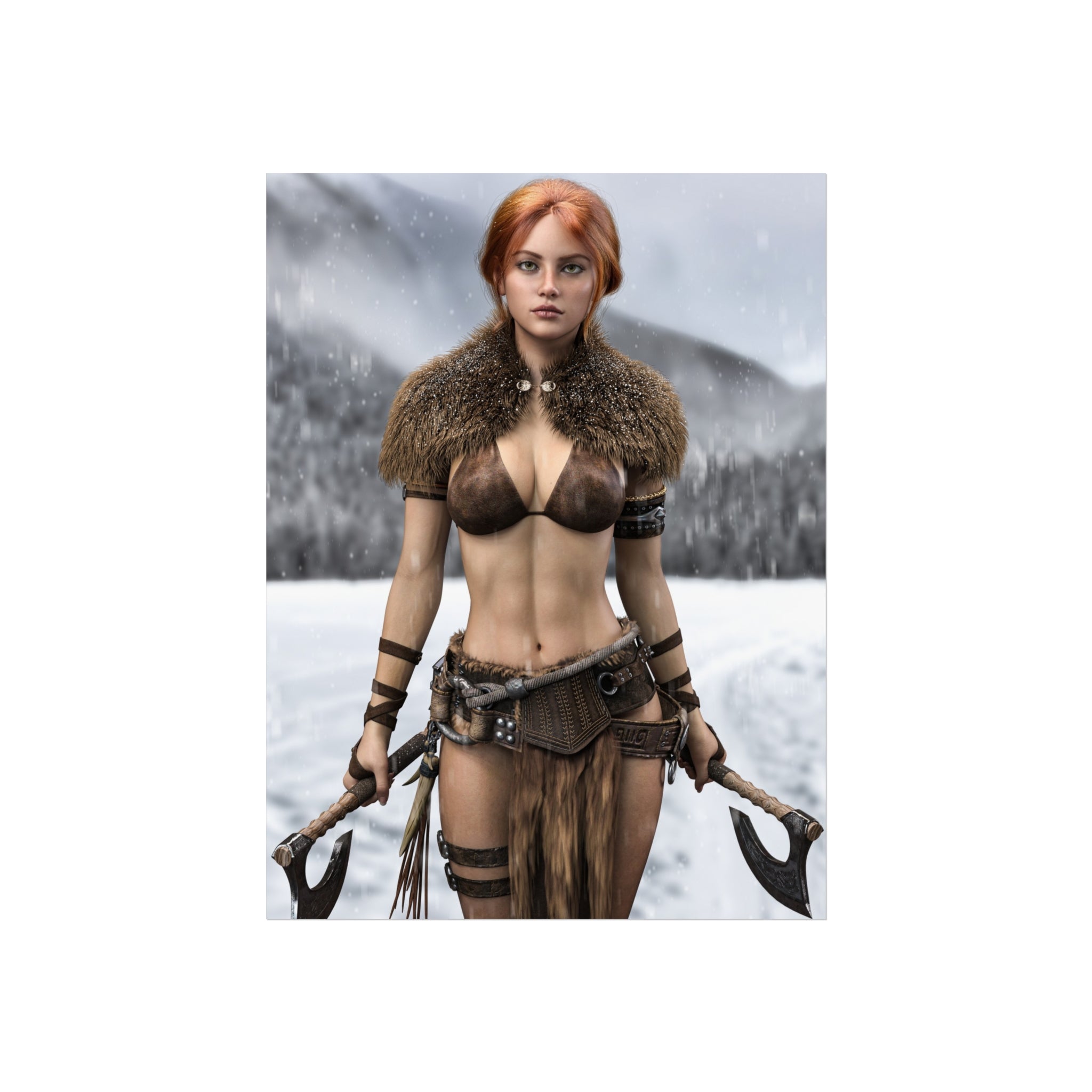 Viking Warrior Woman Fine Art Poster — Red-Haired Norse Axe Fighter Print