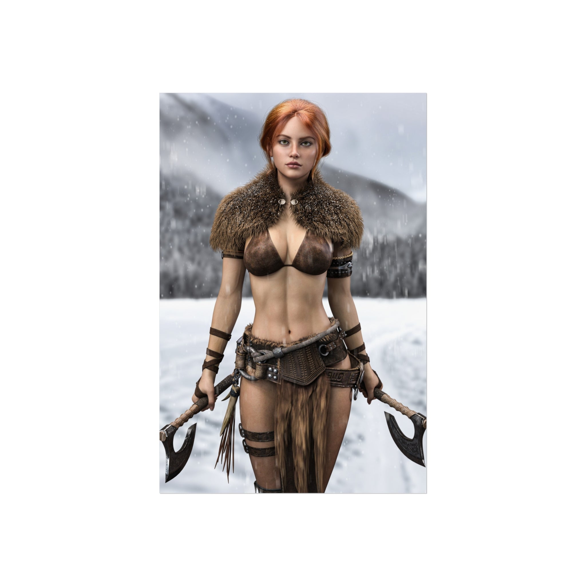 Póster de arte de mujer guerrera vikinga - Estampa de luchadora nórdica pelirroja con hacha - No IA - Ilustración creada por humanos