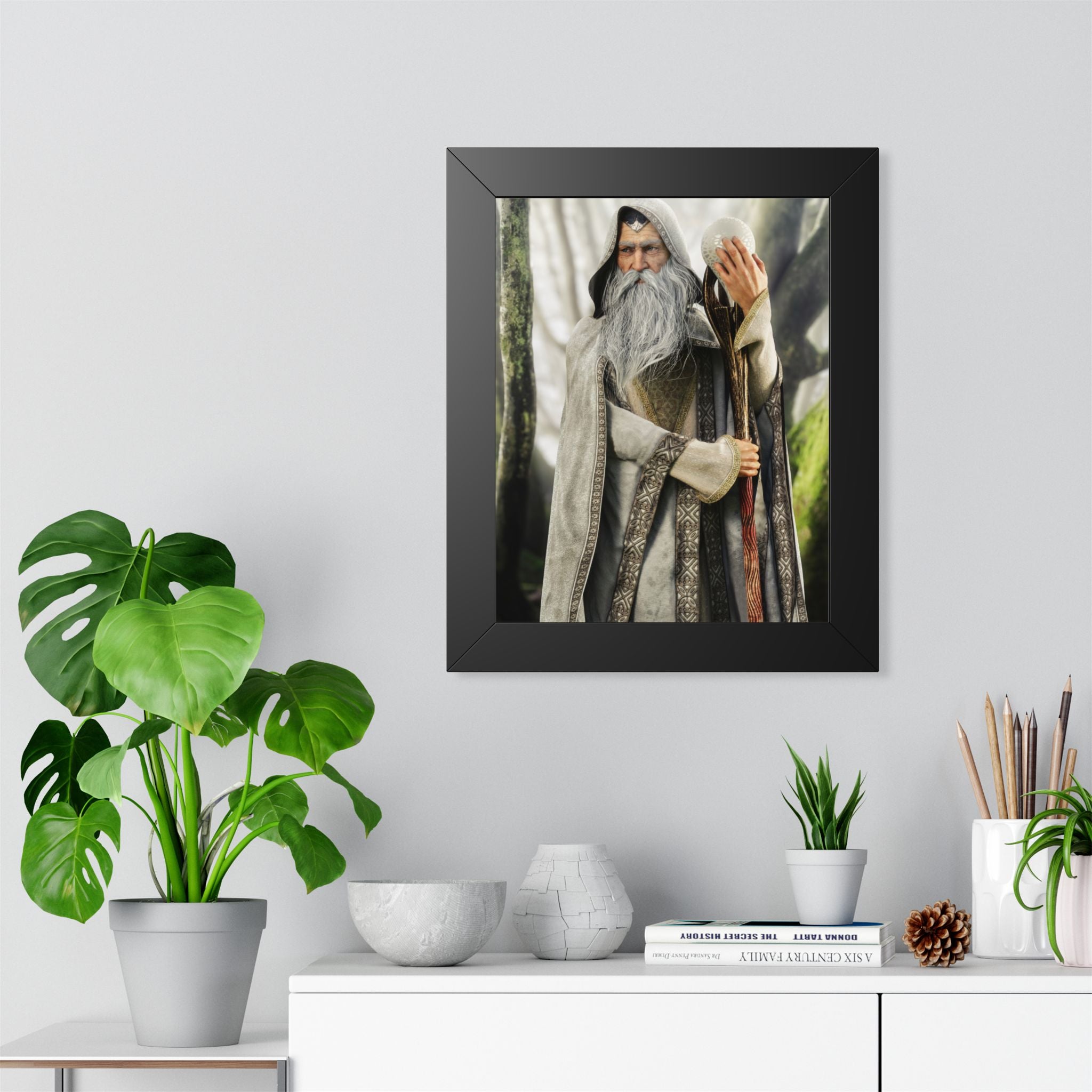 Framed Poster — Wise Wizard with Staff Fantasy Art- No ai - Human created illustration art