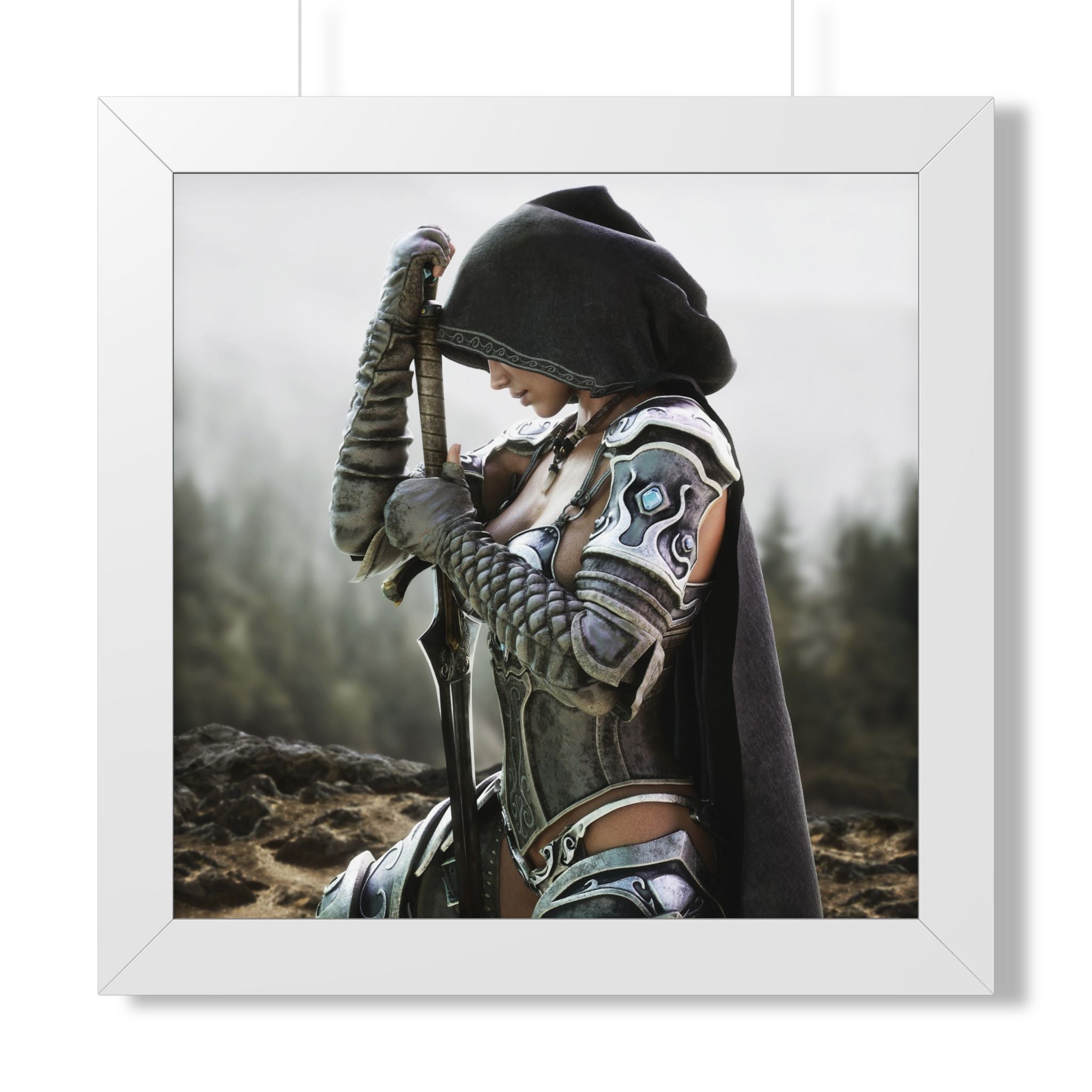 Póster enmarcado — Obra de arte de guerrera de fantasía (vertical) - Sin IA - Ilustración creada por humanos
