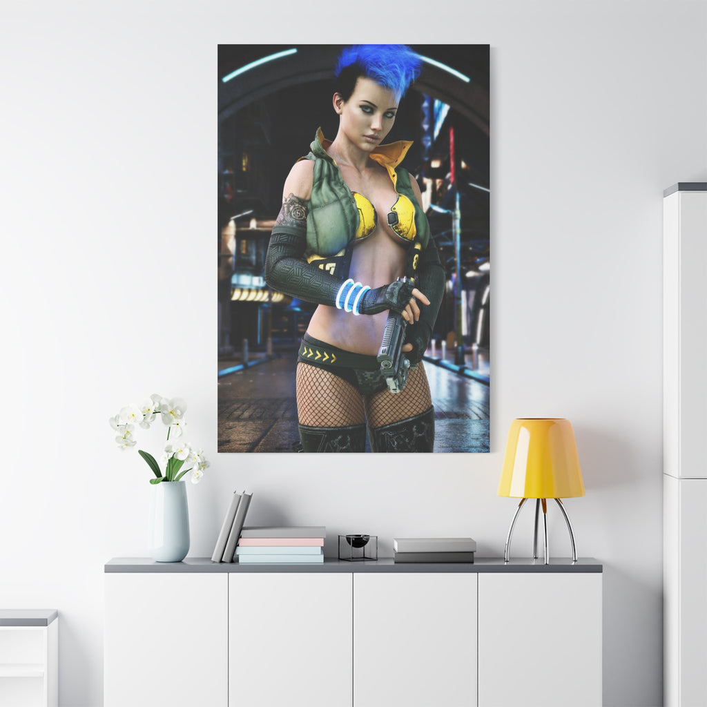 Cyberpunk Femme Fatale Canvas Print — Matte Stretched Wall Art -No AI- Human created illustration art