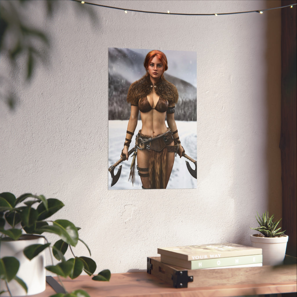 Viking Warrior Woman Fine Art Poster — Red-Haired Norse Axe Fighter Print