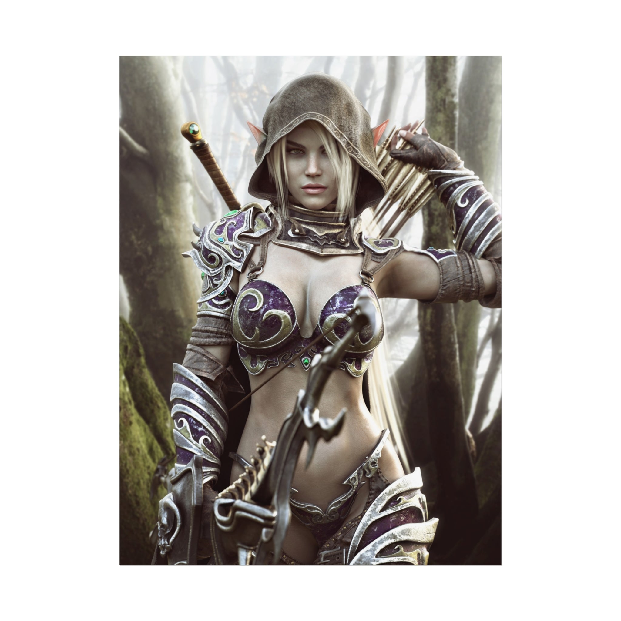 Póster de bellas artes de arquera fantástica: arte de pared de guardabosques para jugadores y fans de los juegos de rol - No IA - Ilustración creada por humanos