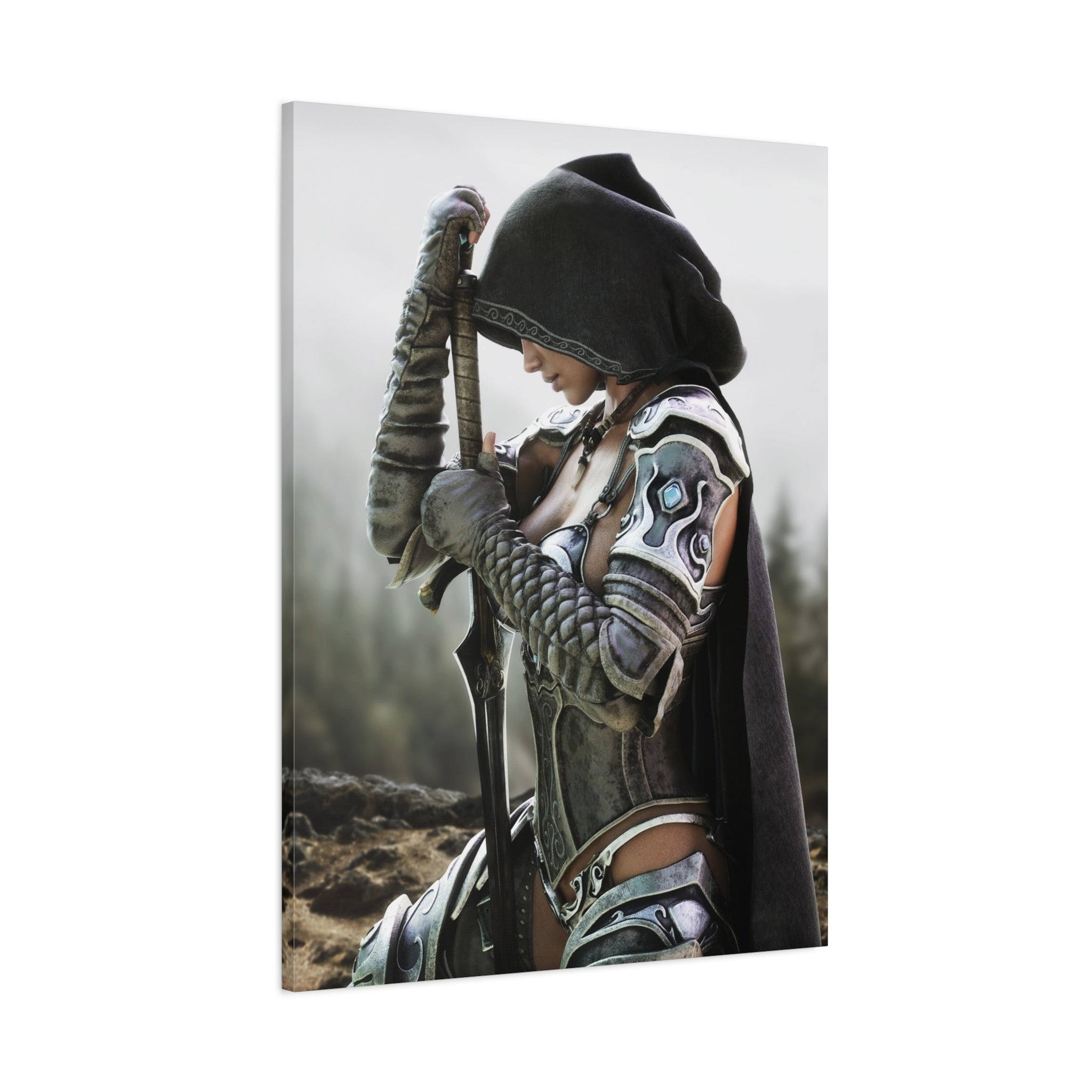 Fantasy Warrior Canvas Print — Hooded Female Knight Matte Stretched Wall Art- No AI- Human created fantasy art