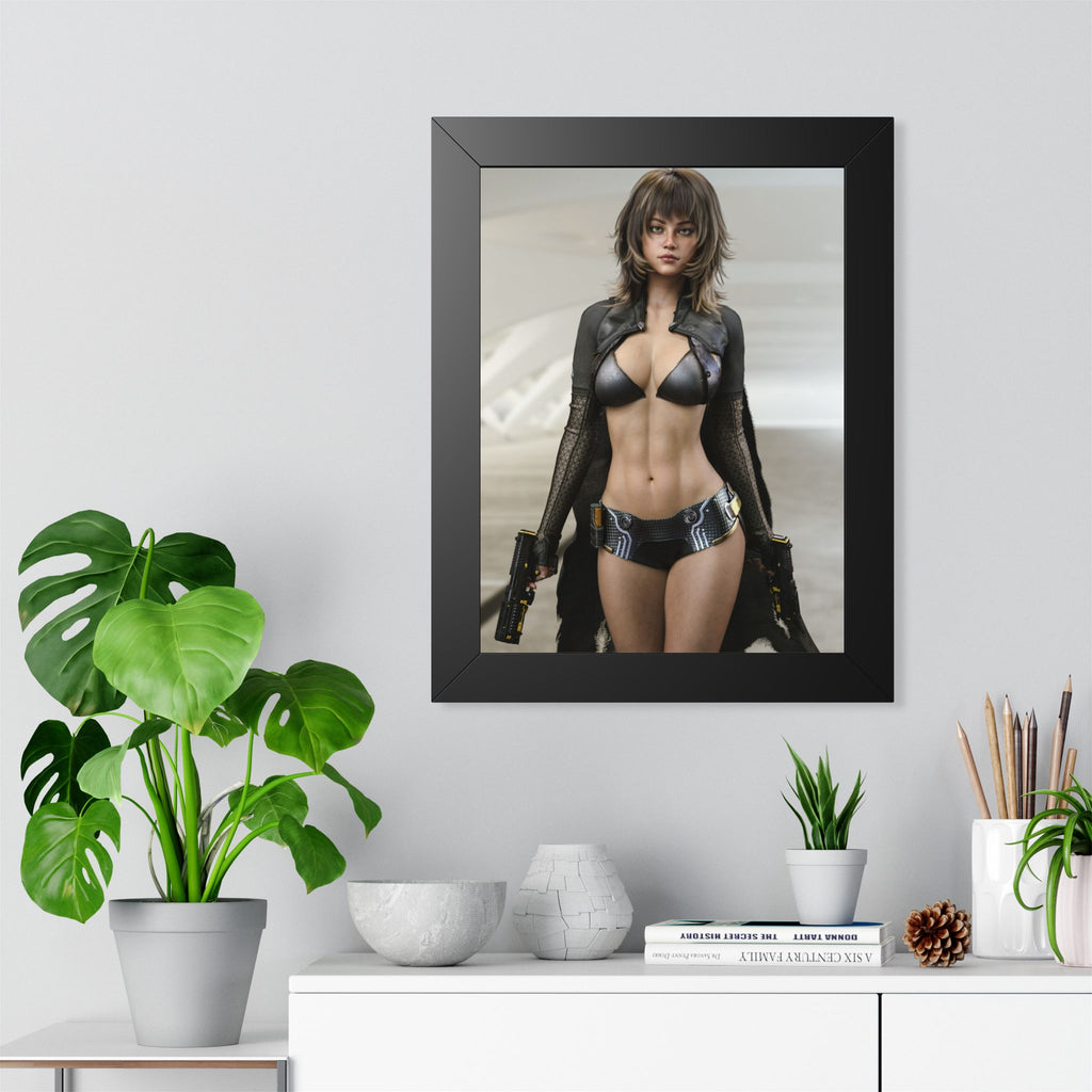 Framed Poster — Futuristic Female Warrior Art Print- No AI - Human created illustration art