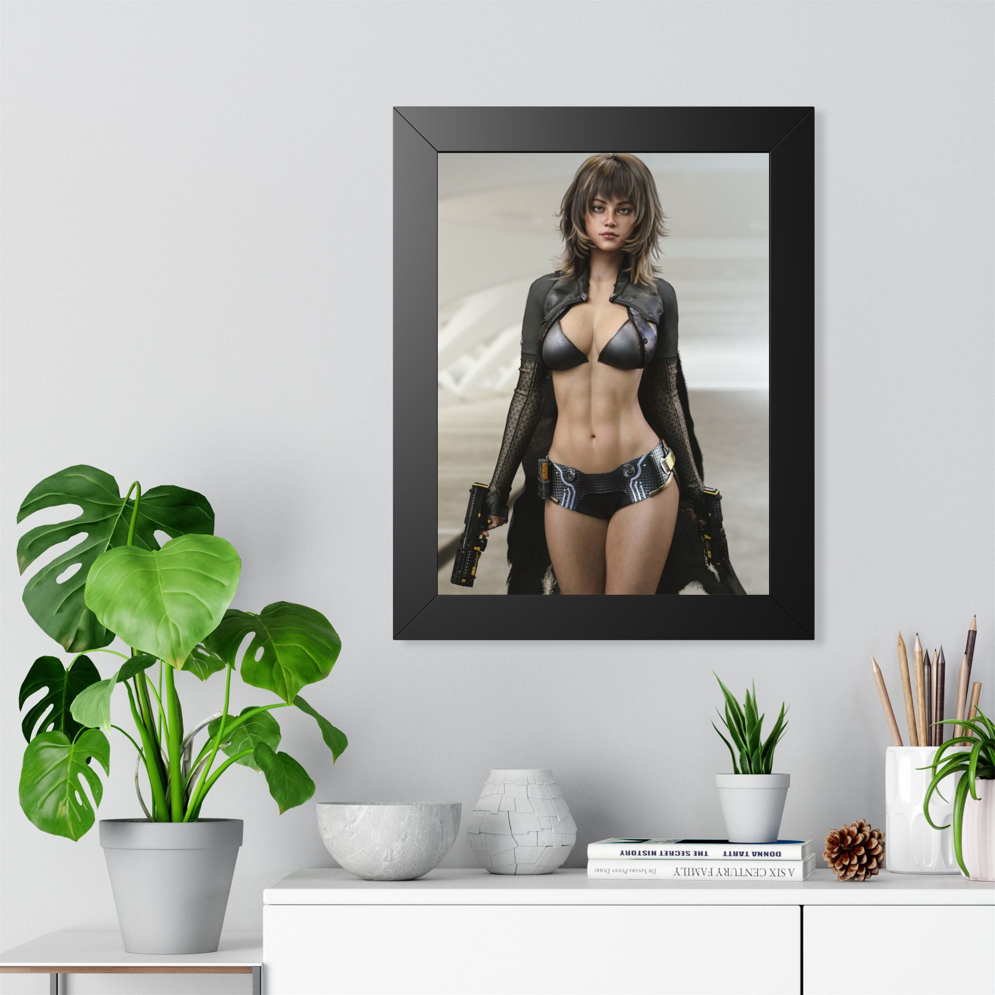 Framed Poster — Futuristic Female Warrior Art Print- No AI - Human created illustration art