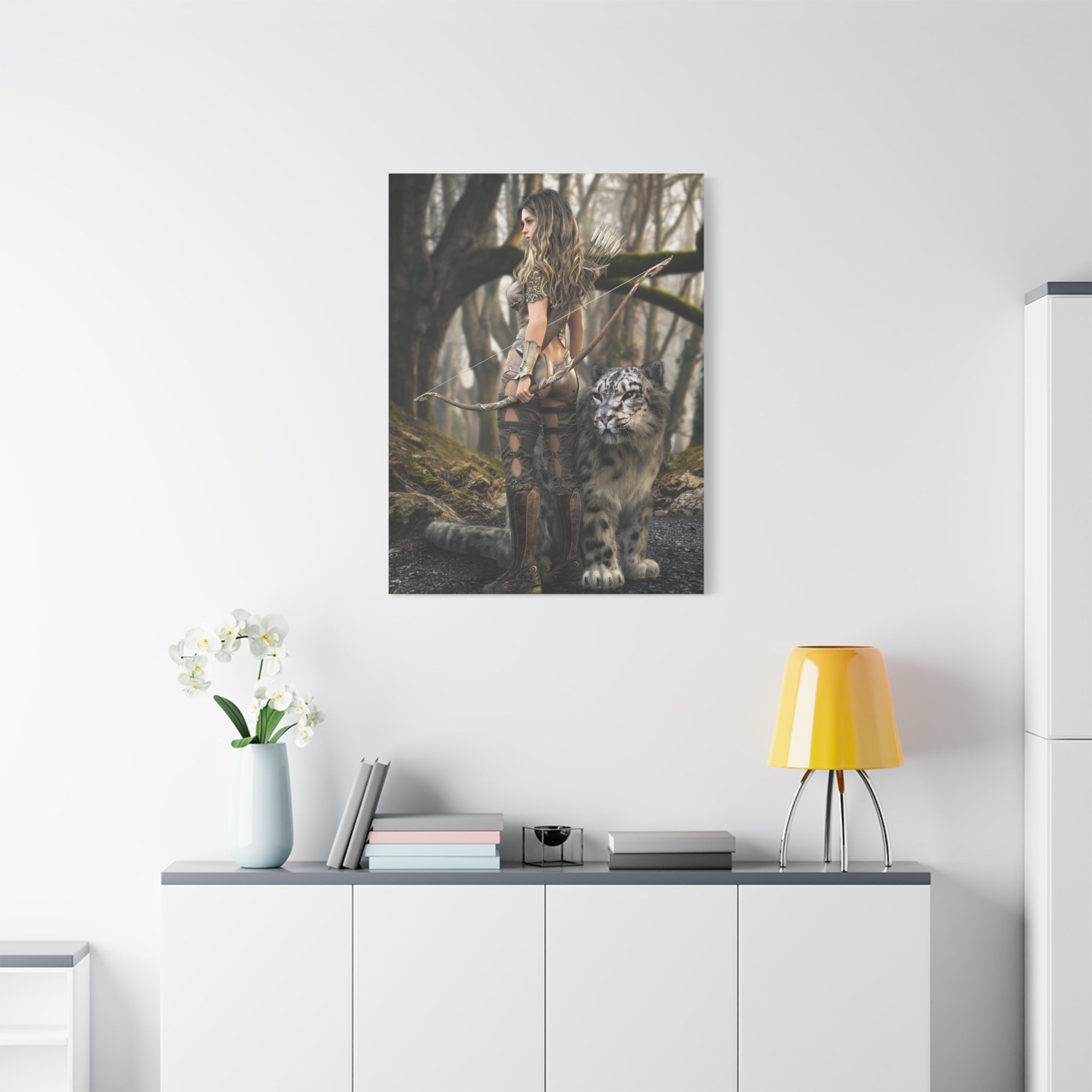 Fantasy Archer Warrior with  Leopard - Matte Stretched Canvas Wall Art - No ai - human created illustration art