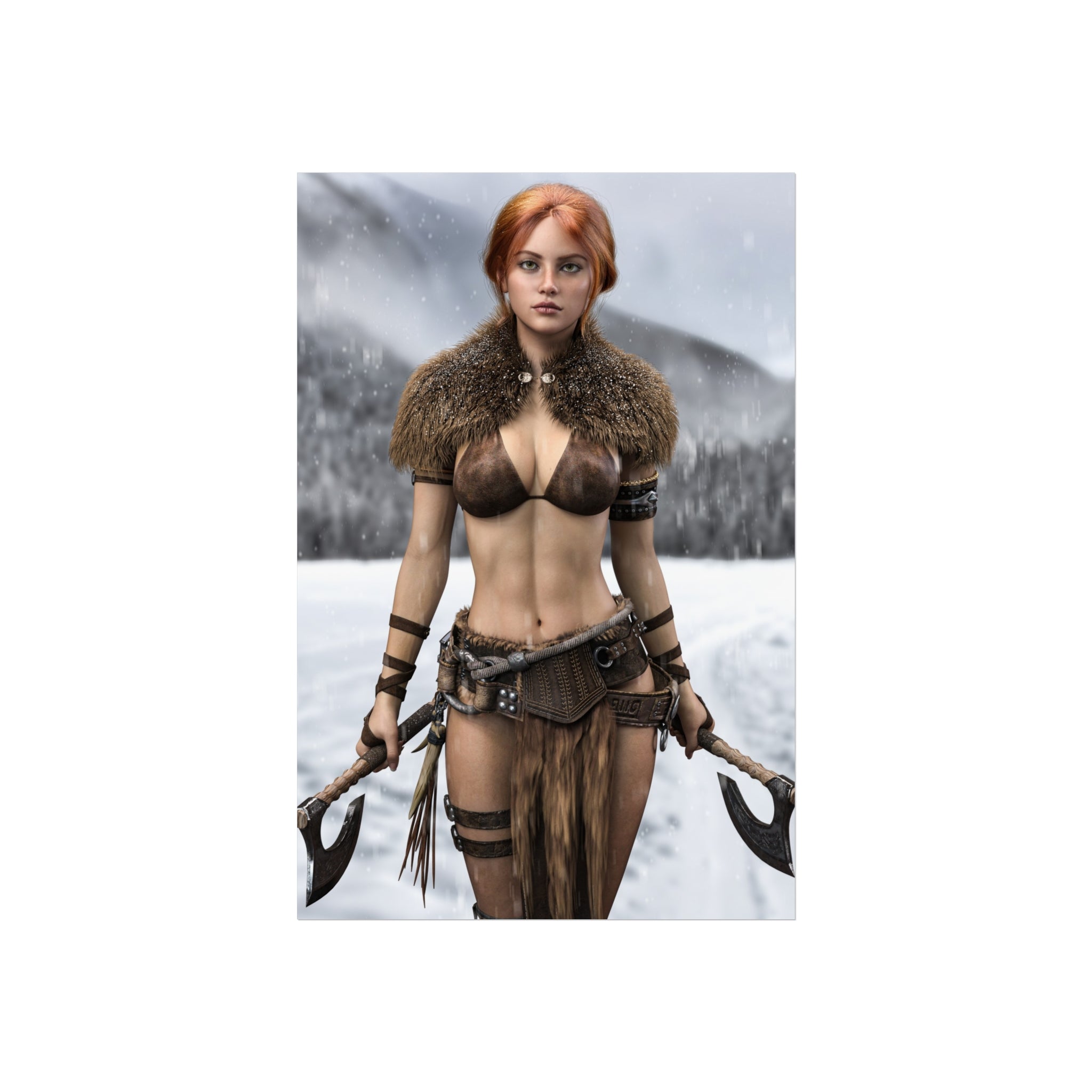 Viking Warrior Woman Fine Art Poster — Red-Haired Norse Axe Fighter Print