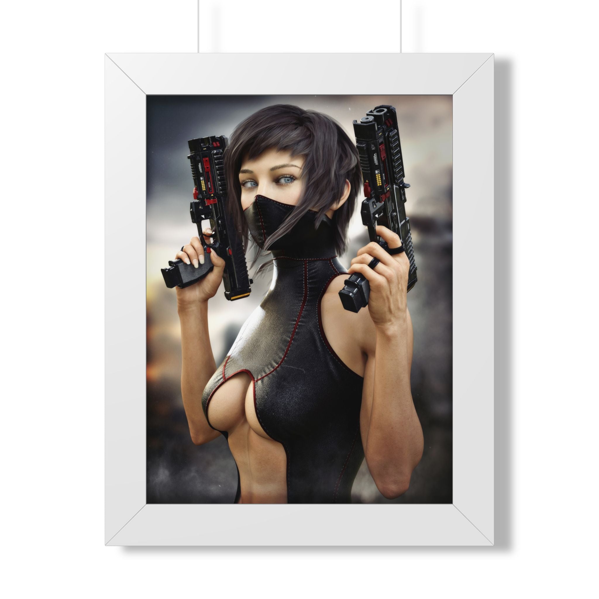 Framed Poster — Cyberpunk Female Assassin Art Print - No AI - Human created illustration art