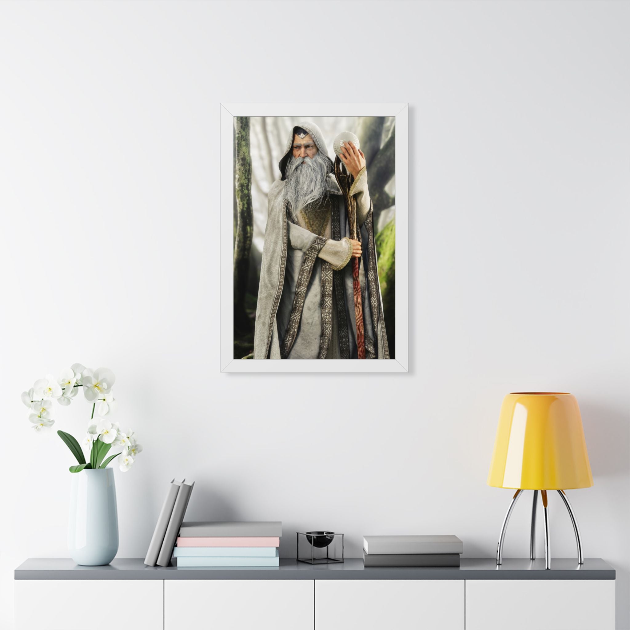 Framed Poster — Wise Wizard with Staff Fantasy Art- No ai - Human created illustration art