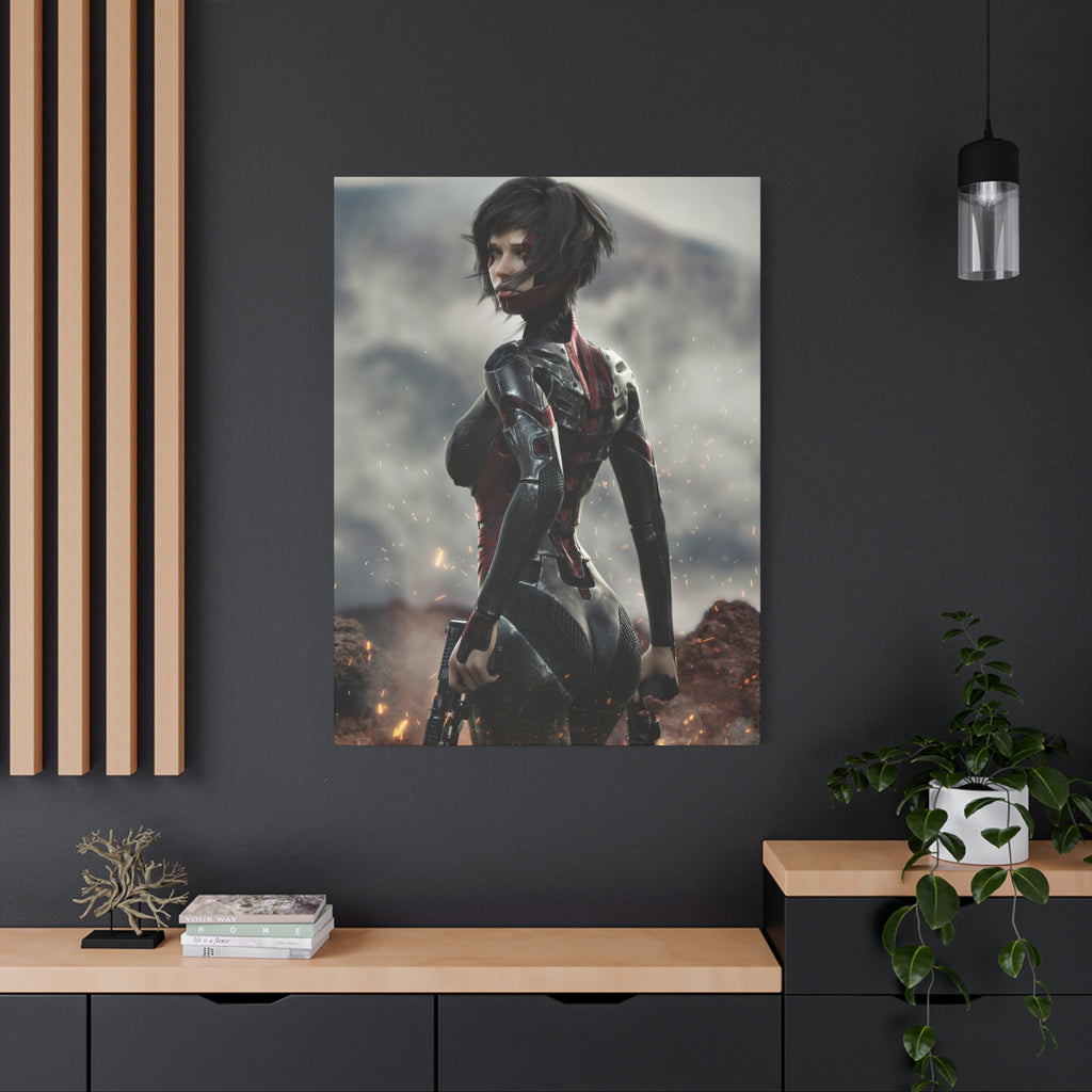 Sci‑Fi Warrior Matte Canvas Print — Futuristic Female Soldier Wall Art- No AI - Human created illustration art