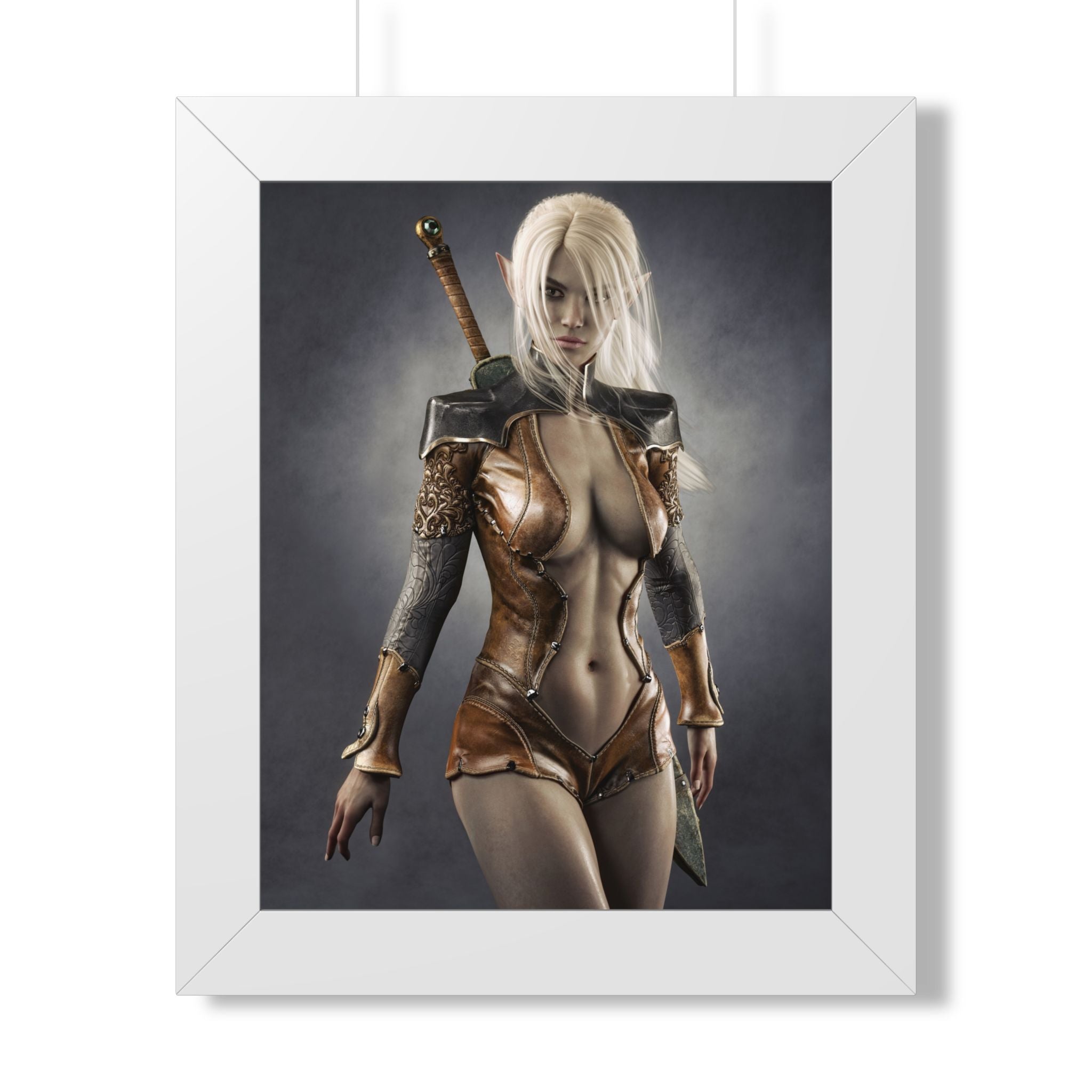 Póster enmarcado — Lámina artística de mujer guerrera fantástica (vertical) - Sin IA - Ilustración creada por humanos