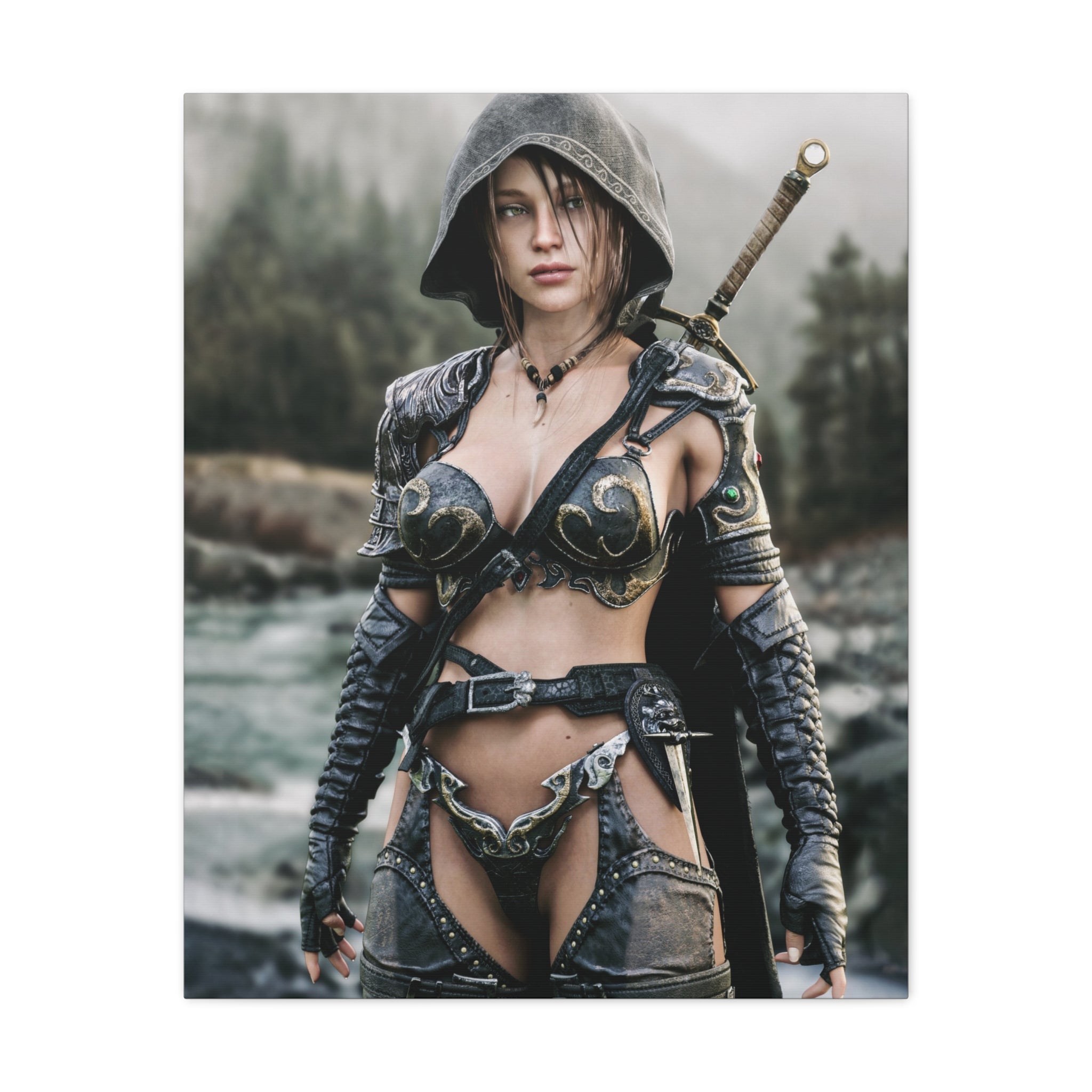 Female Warrior Ranger Fantasy Canvas Print - Matte Stretched Wall Art - No AI - Human created illustration art