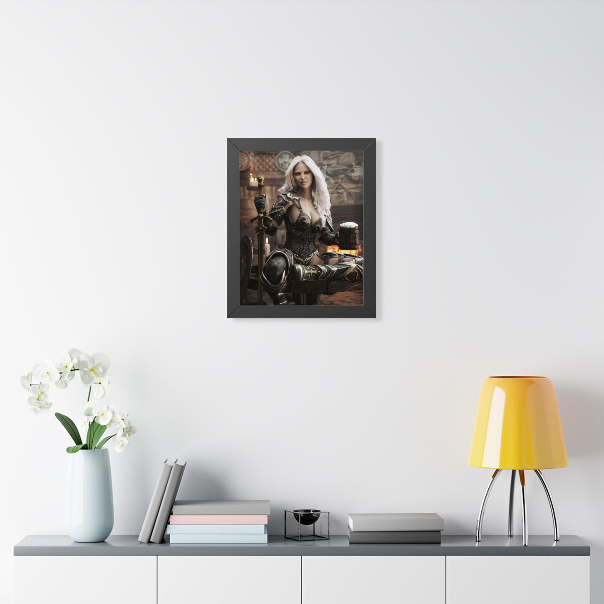 Fantasy Warrior Woman Framed Poster — Medieval Armor in Tavern Art Print- No AI- Human created illustration art