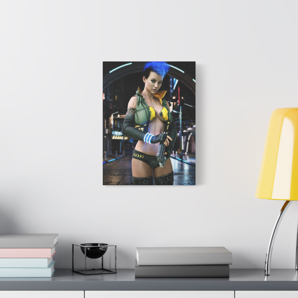 Cyberpunk Femme Fatale Canvas Print — Matte Stretched Wall Art -No AI- Human created illustration art