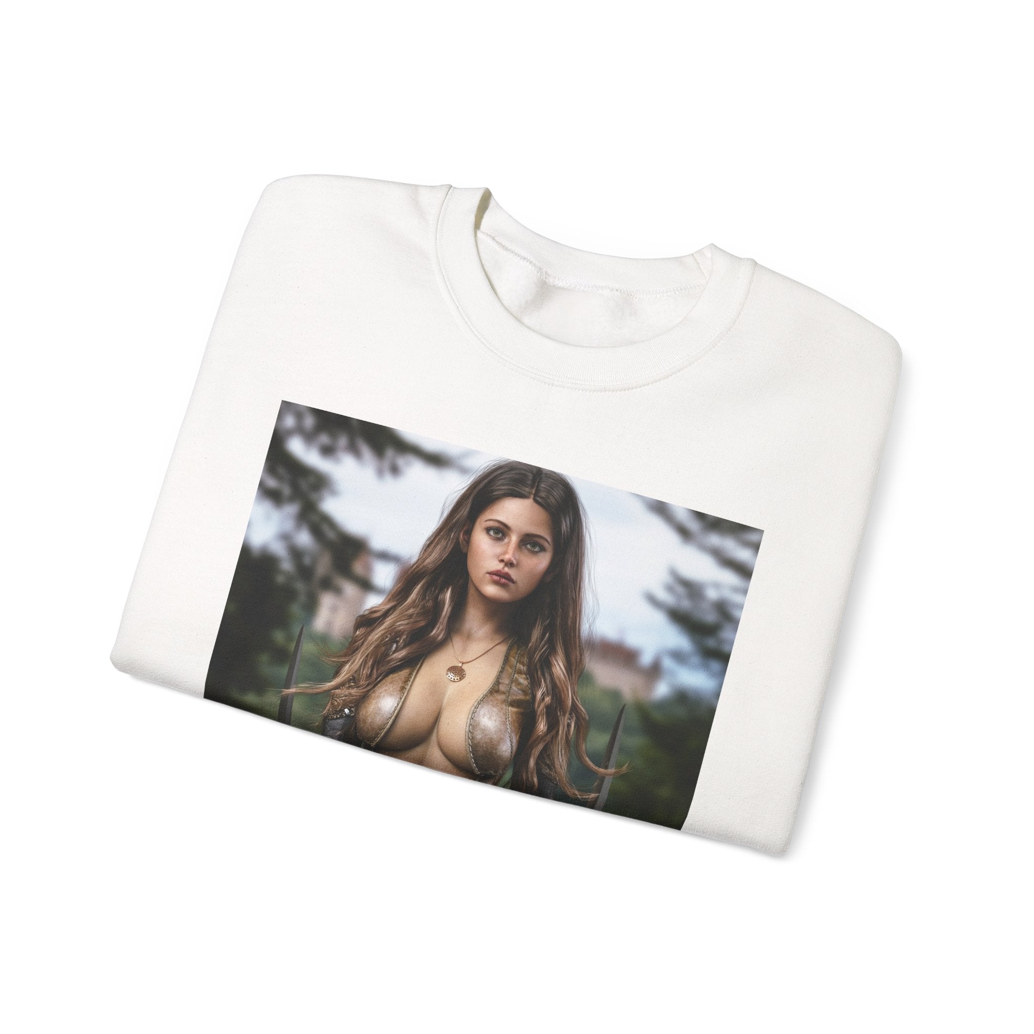 Fantasy Warrior Woman Sweatshirt — Sexy Armored Huntress Graphic Crewneck