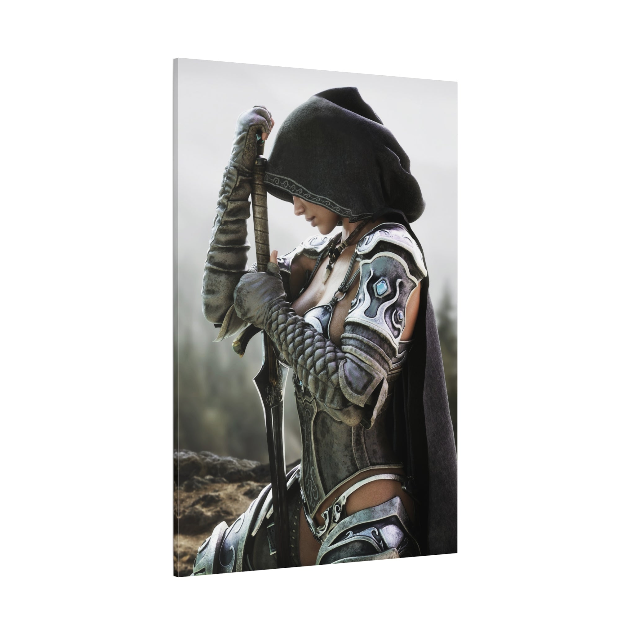 Fantasy Warrior Canvas Print — Hooded Female Knight Matte Stretched Wall Art- No AI- Human created fantasy art