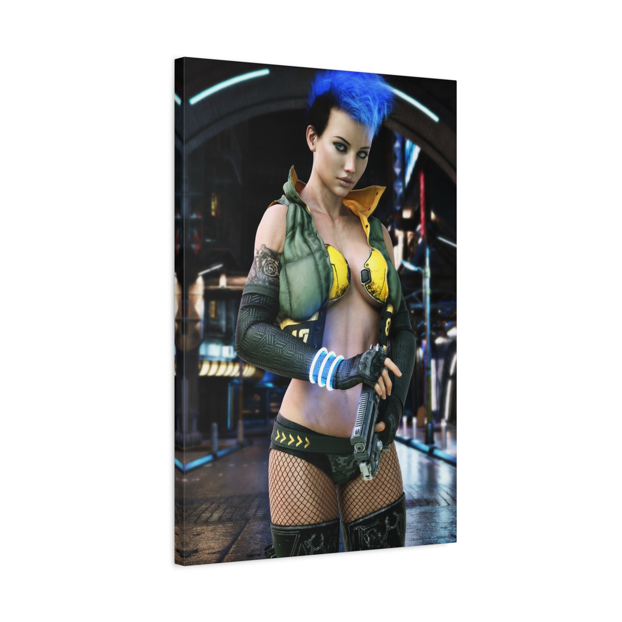 Cyberpunk Femme Fatale Canvas Print — Matte Stretched Wall Art -No AI- Human created illustration art
