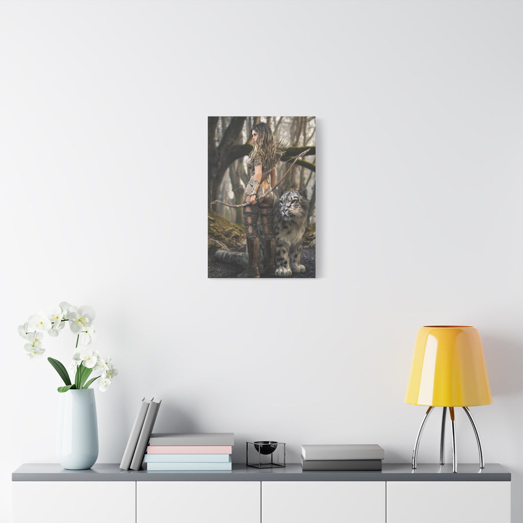 Fantasy Archer Warrior with  Leopard - Matte Stretched Canvas Wall Art - No ai - human created illustration art