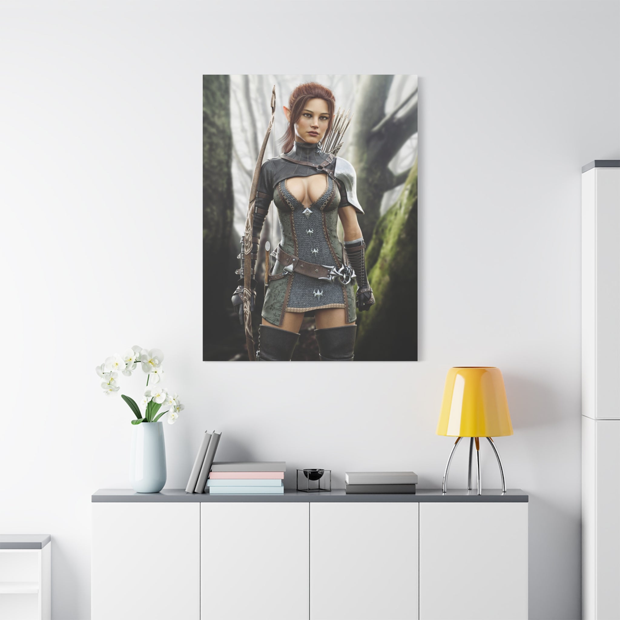 Fantasy Wood Elf Archer Warrior Canvas Print — Matte Stretched Wall Art - No Ai - human created illustration art