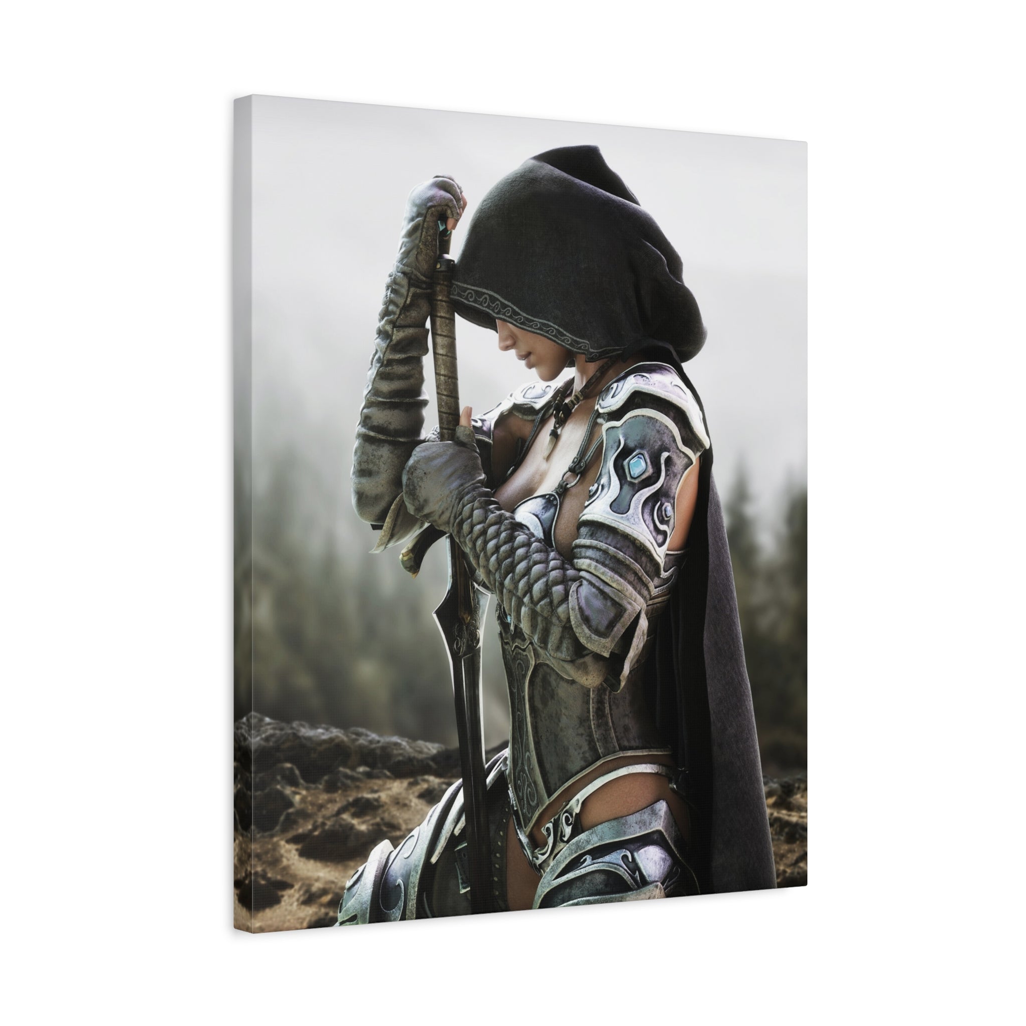 Fantasy Warrior Canvas Print — Hooded Female Knight Matte Stretched Wall Art- No AI- Human created fantasy art