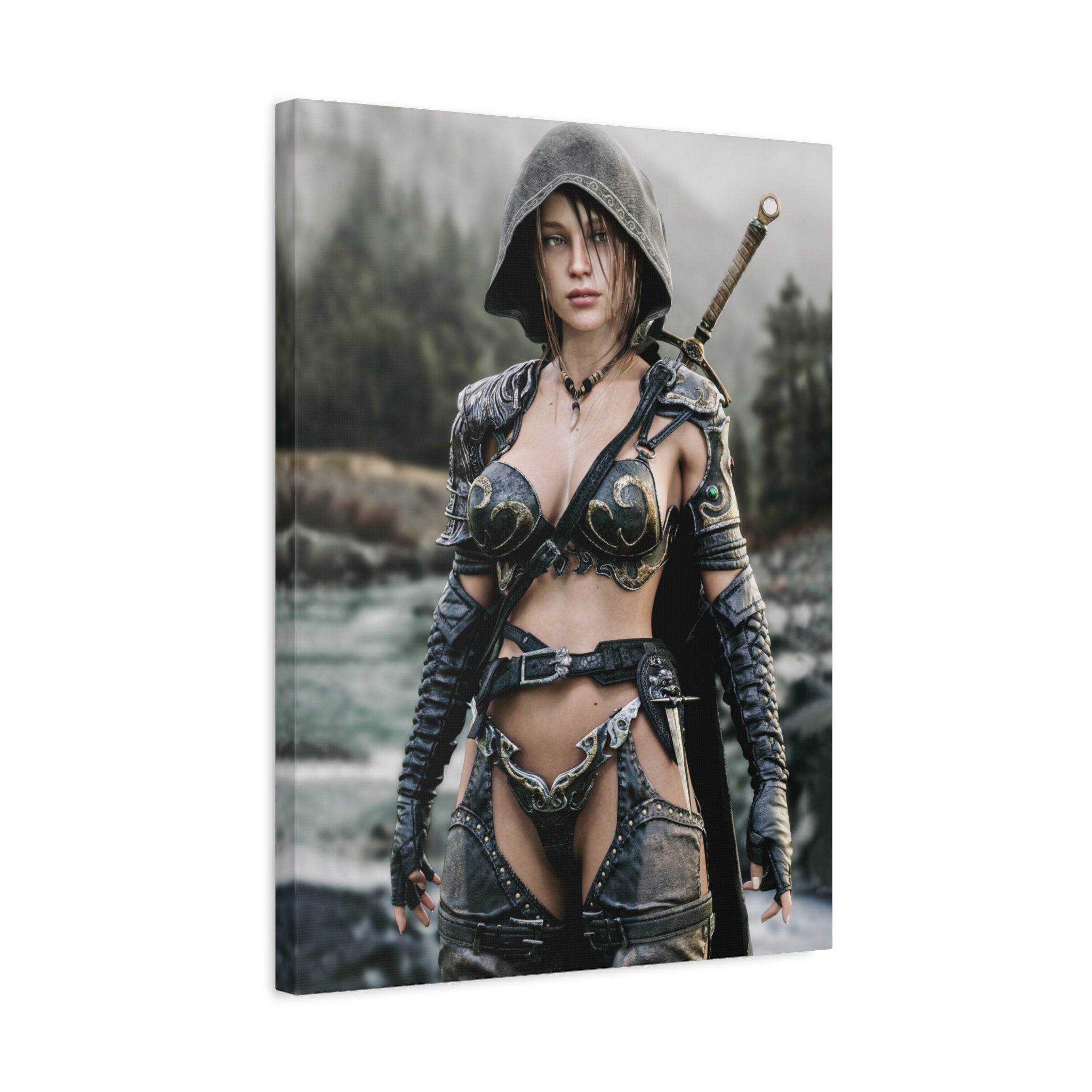 Female Warrior Ranger Fantasy Canvas Print - Matte Stretched Wall Art - No AI - Human created illustration art