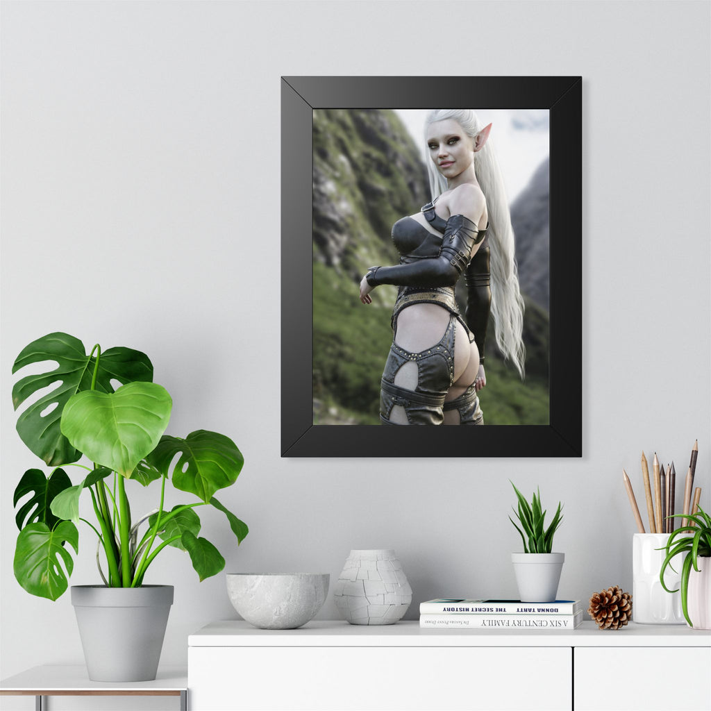 Póster Guerrera Elfa — Lámina Vertical Fantasía Enmarcada - No IA - Ilustración de arte creada por humanos.