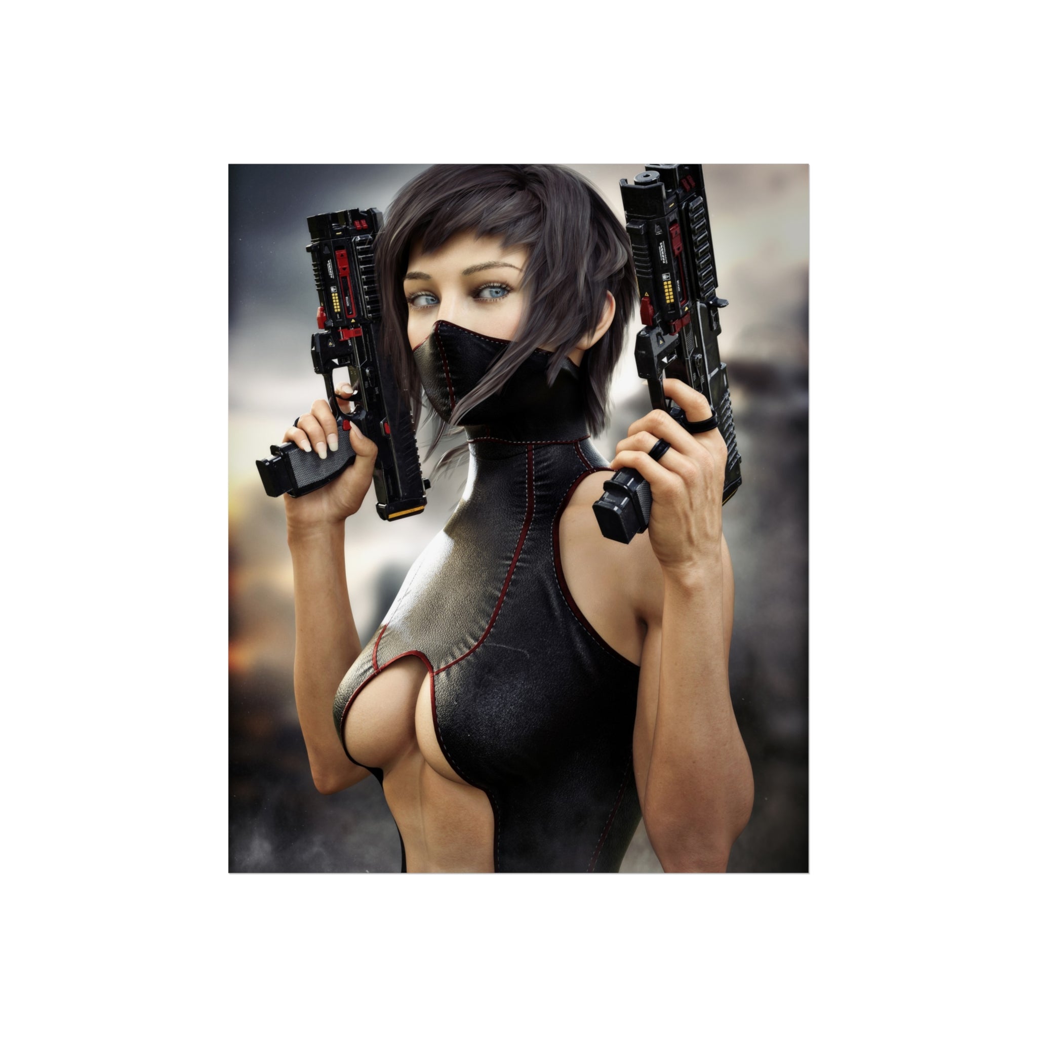 Póster de arte fino de asesina ciberpunk — Arte de pared de pistolera futurista - No IA - Ilustración creada por humanos