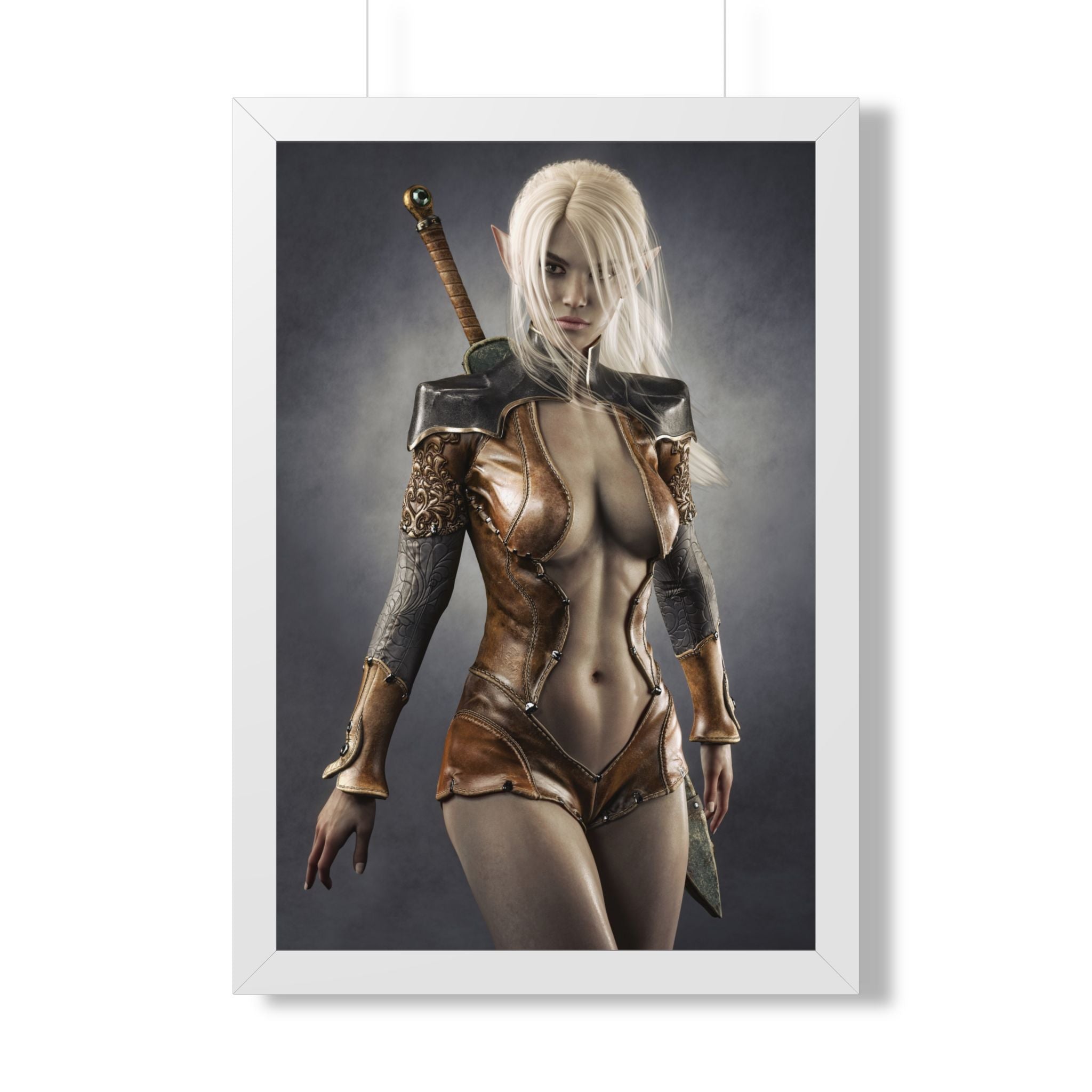 Póster enmarcado — Lámina artística de mujer guerrera fantástica (vertical) - Sin IA - Ilustración creada por humanos