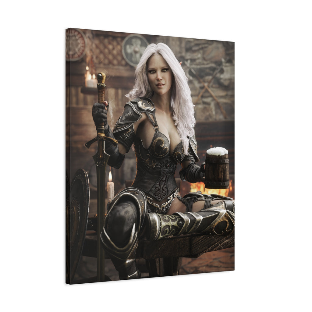 Fantasy Warrior Woman Canvas Print — Armored Dark elf in Tavern Portrait-No AI- Human created illustration art
