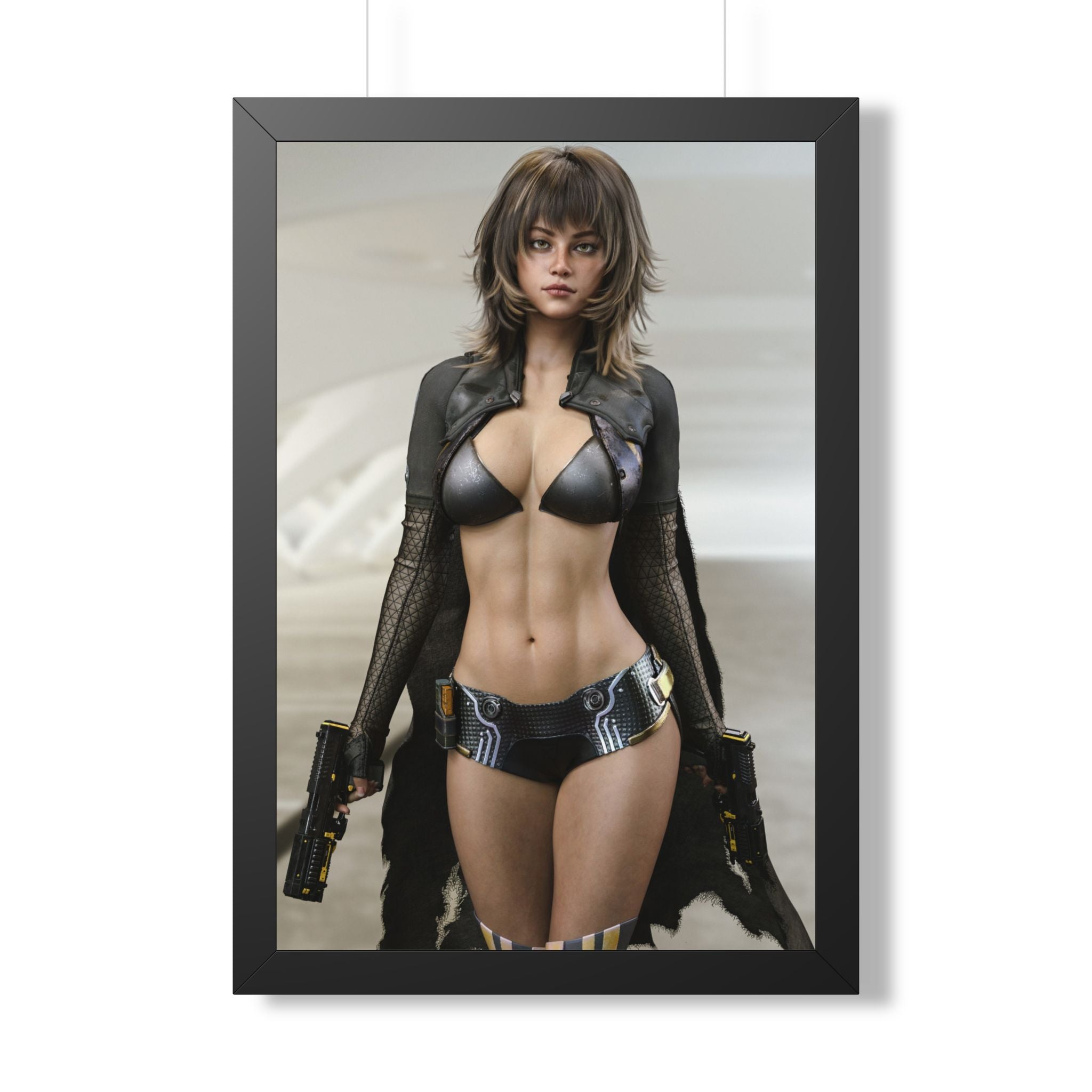 Framed Poster — Futuristic Female Warrior Art Print- No AI - Human created illustration art