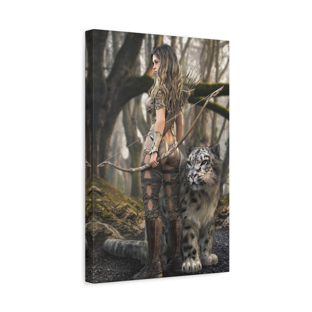 Fantasy Archer Warrior with  Leopard - Matte Stretched Canvas Wall Art - No ai - human created illustration art
