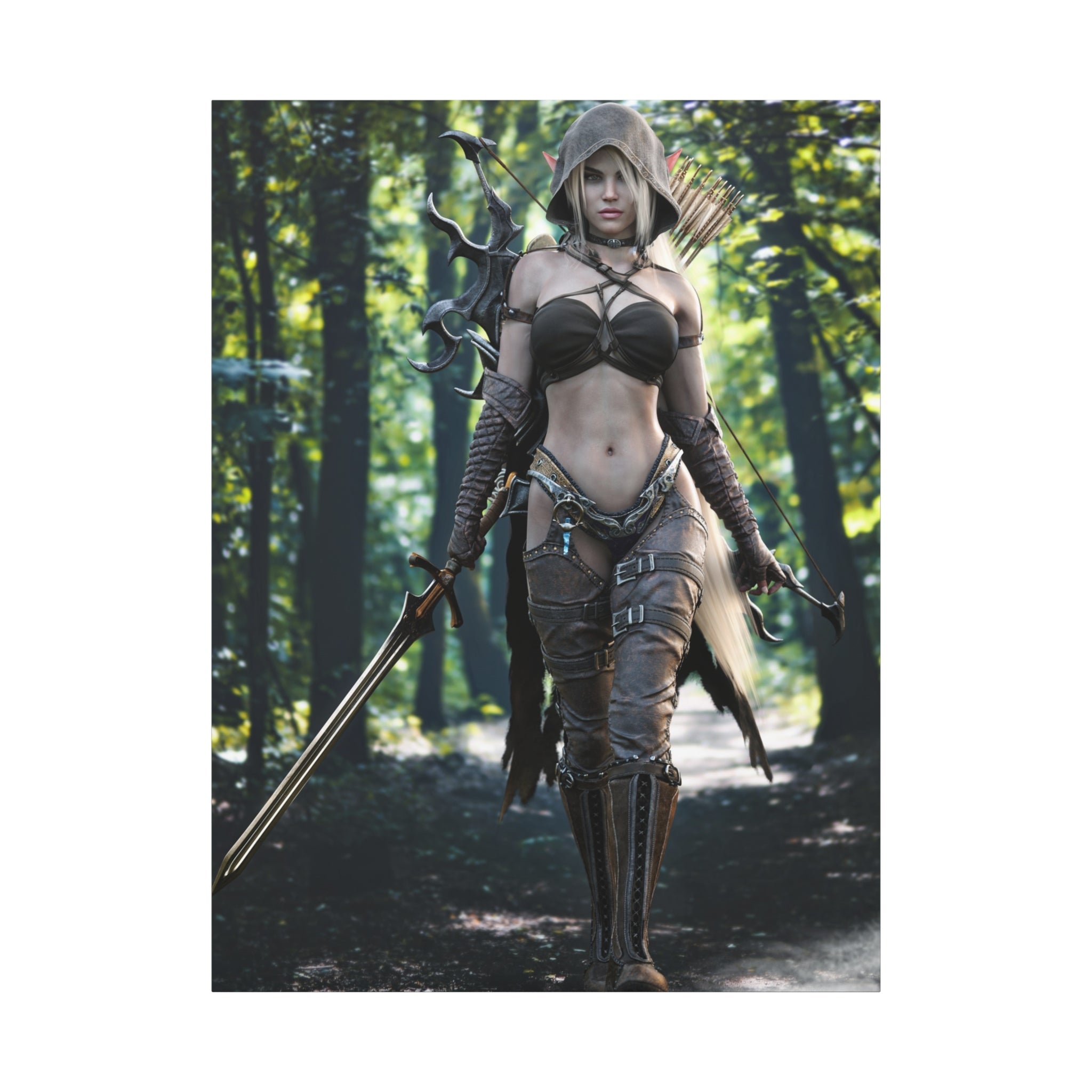 Fantasy Archer Warrior Canvas Print — Female Ranger Wall Art (Matte Stretched) - No Ai - Human created illustration art