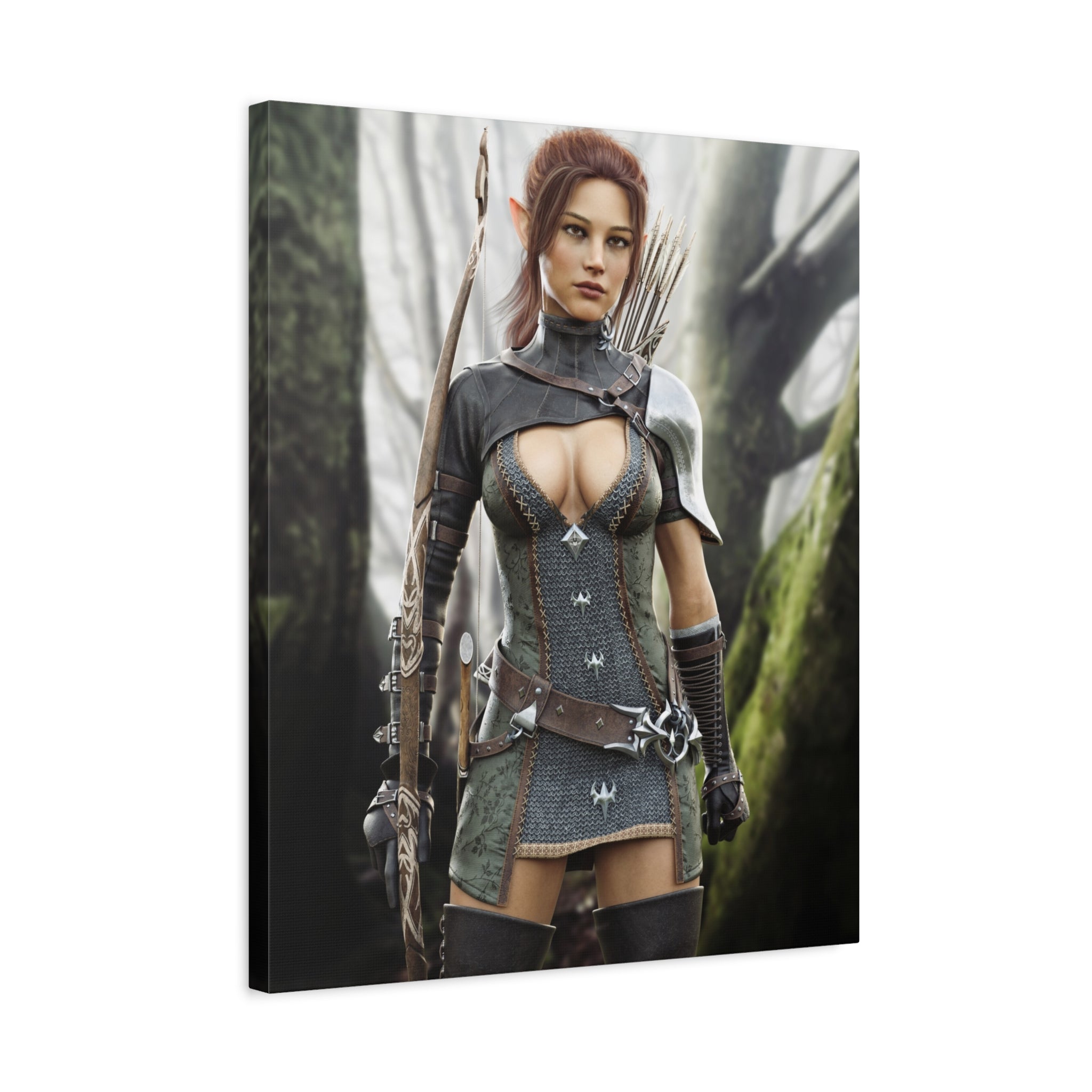 Fantasy Wood Elf Archer Warrior Canvas Print — Matte Stretched Wall Art - No Ai - human created illustration art