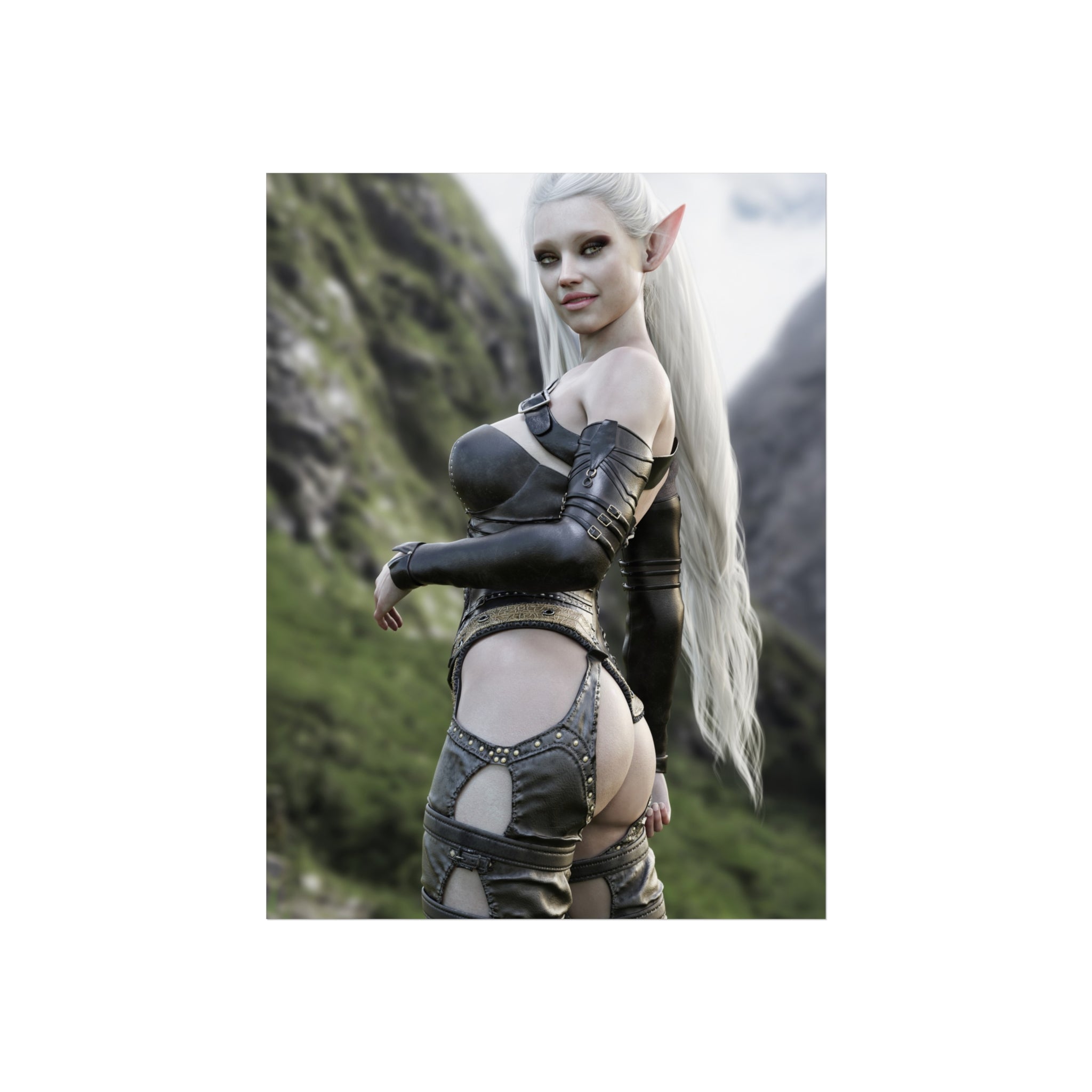 Póster de arte de elfa guerrera de fantasía — Lámina de elfa sexy para pared - No IA - Ilustración creada por humanos