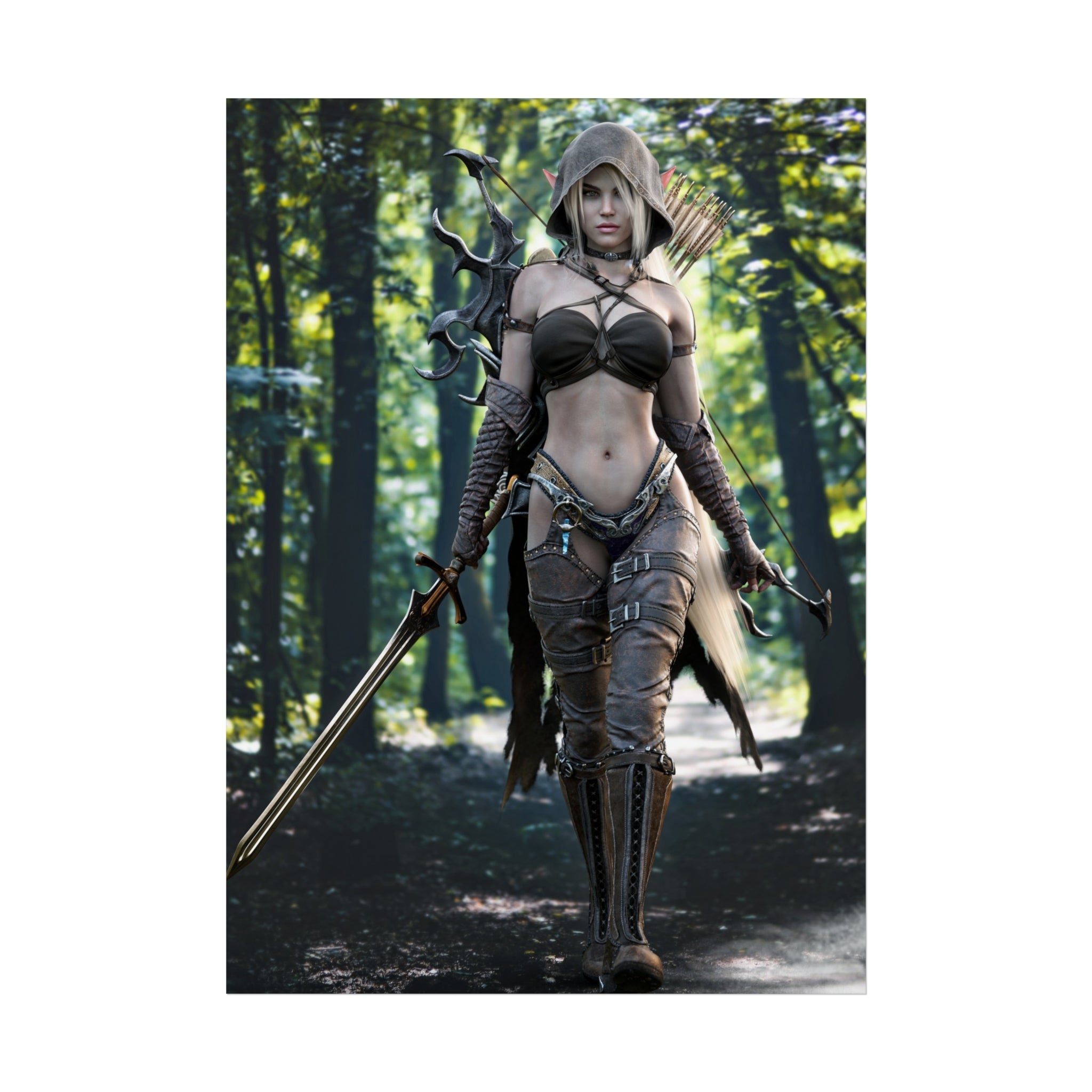 Póster de bellas artes de elfa guerrera de fantasía — Arquera cazadora en bosque encantado - Sin IA - Arte ilustrado creado por humanos