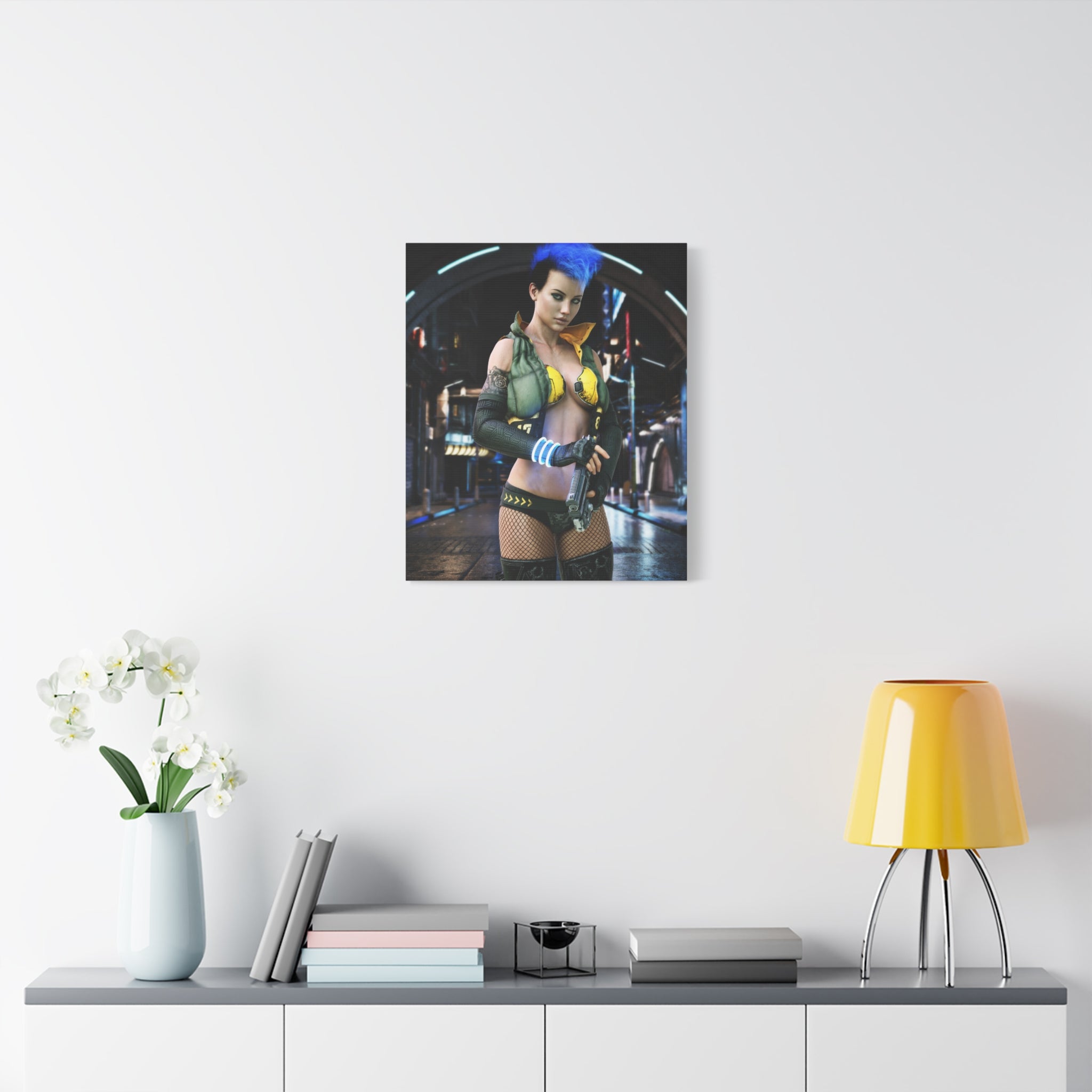 Cyberpunk Femme Fatale Canvas Print — Matte Stretched Wall Art -No AI- Human created illustration art